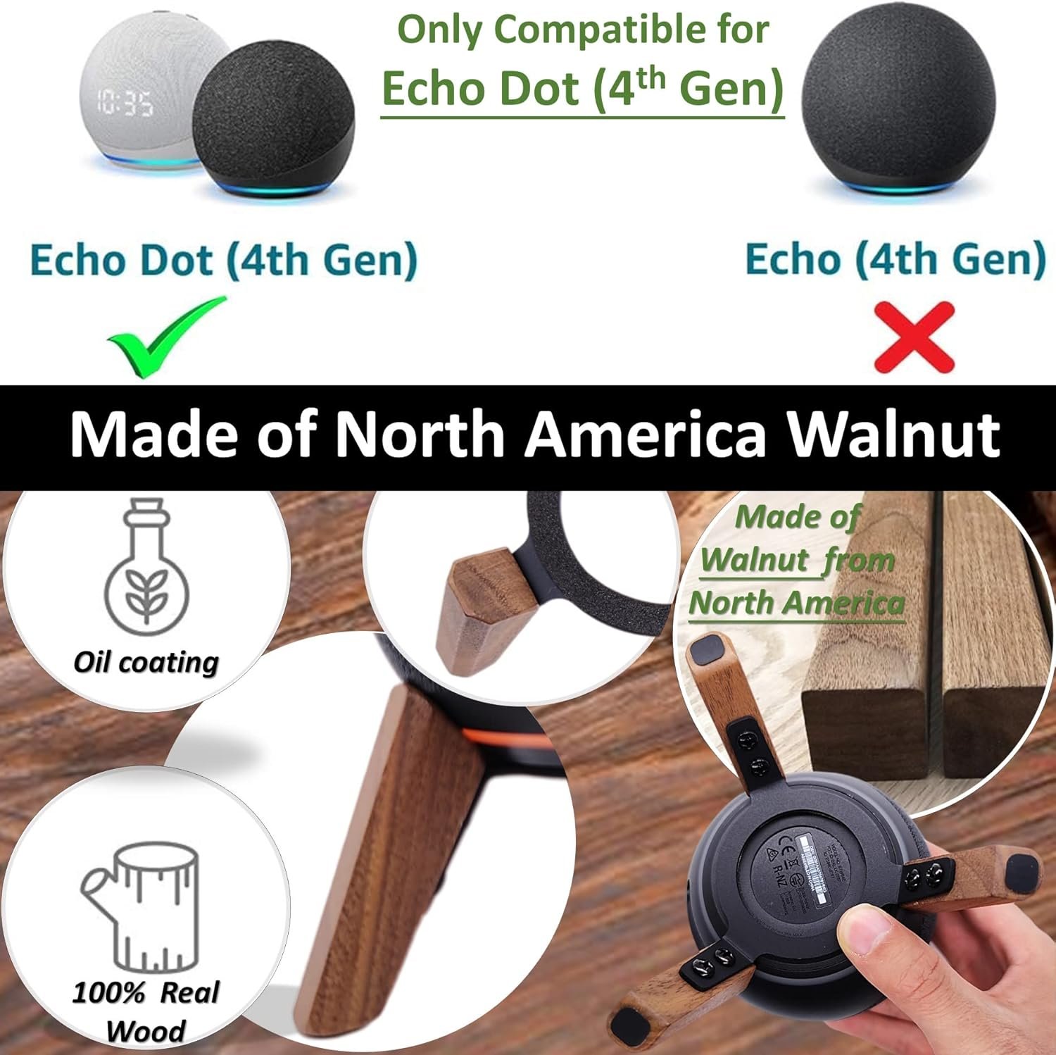 Real Wood Stand for Echo Dots(4th Gen)(5th Gen),Tripod Accessories Protect Smart Speaker get Better Sound,Secure Stable Wooden Mount Holder for Echo Dot (Walnut) - Image 5