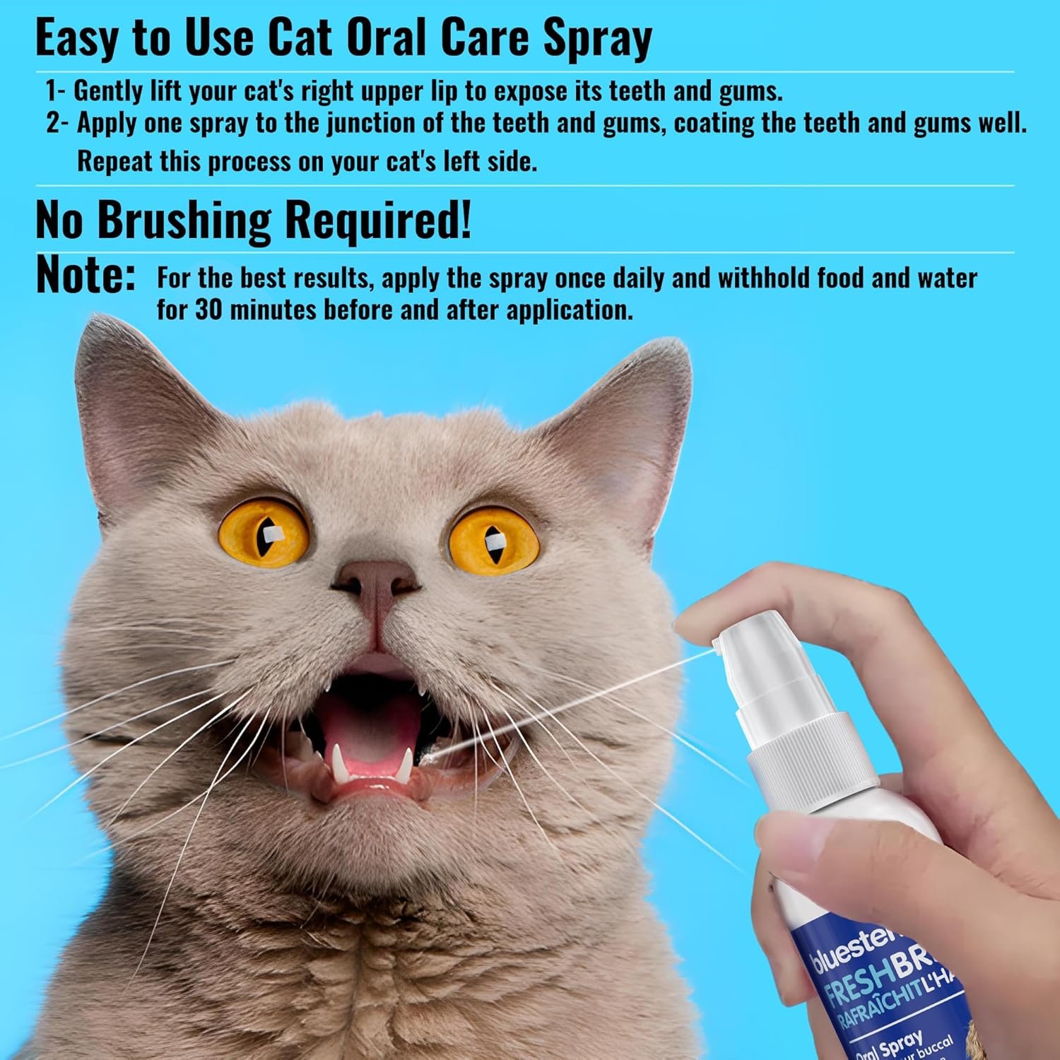 Cat Oral Spray Breath Freshener: Pet Dental Teeth and Mouth Cleaning Spray That Treats All Cats Bad Breath Smell When Breathing. Tooth Tartar, Plaque Cleaner Remedy. Small Mint Flavor Remover for Pets - Image 3