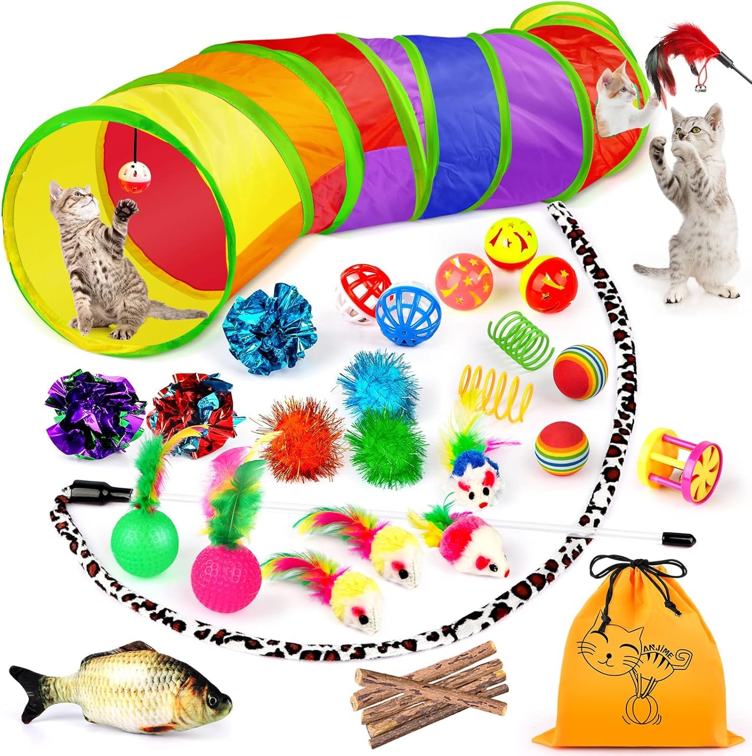 32 PCS Cat Toys Kitten Toys, Variety Catnip Toys with Rainbow Tunnel Interactive Cat Feather Teaser Fluffy Mouse Crinkle Balls Spring Toy Set for Cat, Kitty - Image 2