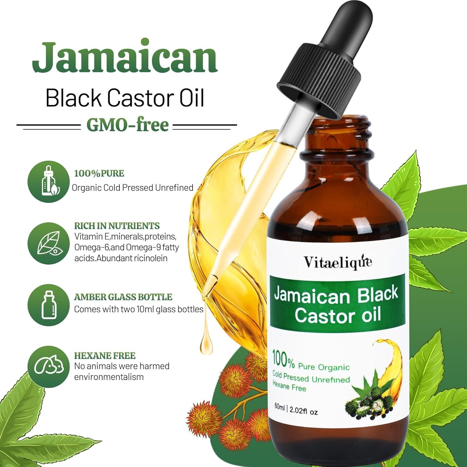Jamaican Black Castor Oil, Cold Pressed Organic Pure Unrefined Glass Bottle Hair Oil For Hair Growth, Natural Carrier Oil for Thicker Eyebrows Eyelashes, Scalp, Face, Skin Moisturizer - Image 3