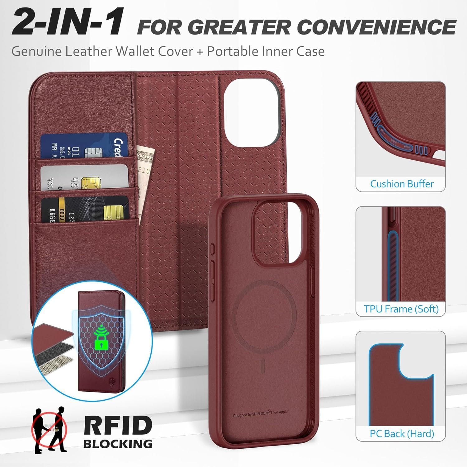 SHIELDON Case for iPhone 15 Pro Max 5G, Genuine Leather Detachable Wallet Kickstand RFID Blocking Card Holder Magnetic Shockproof Wireless Charging Case Compatible with iPhone 15 Pro Max - Wine Red - Image 7