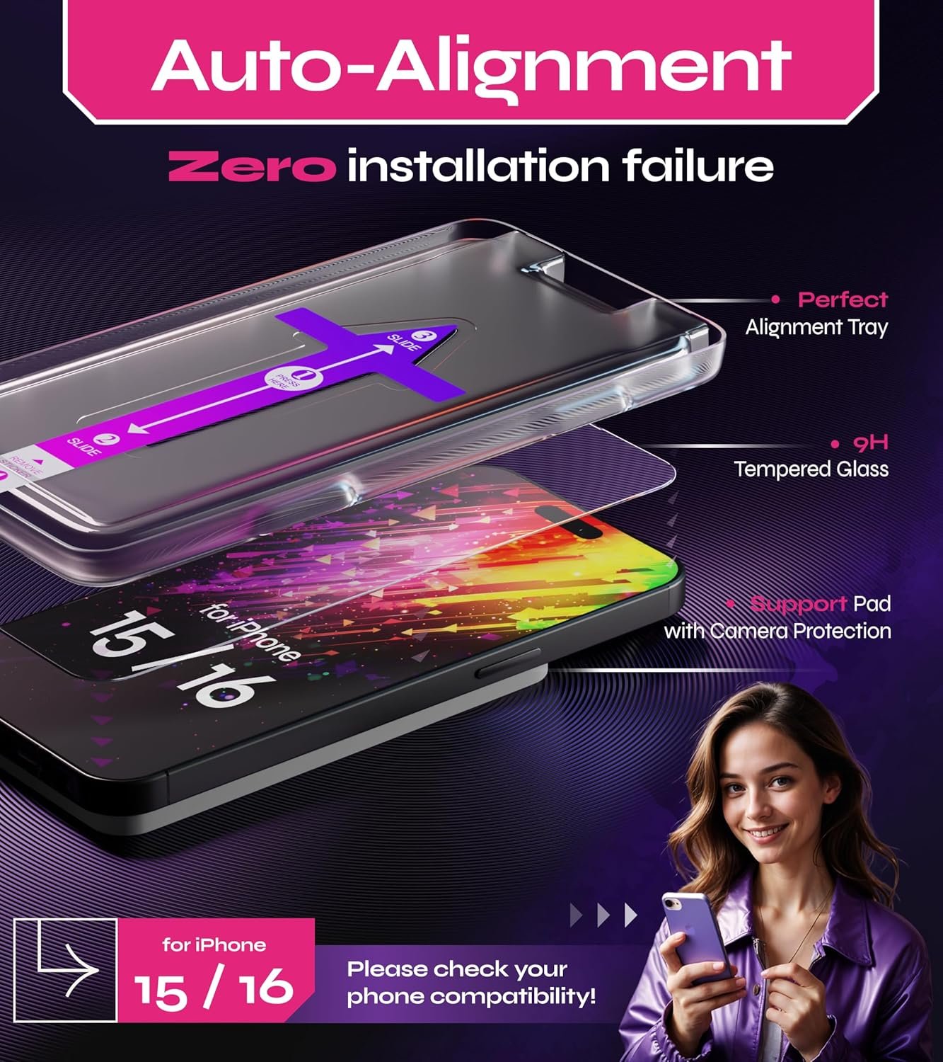 Screen Protector compatible with iPhone 15/16 (2Pack), Easy Auto-Align Install Kit, 6.1" Tempered Glass, 9H Hardness, Ultra HD Clear, Case Friendly, EasyShield - Image 4