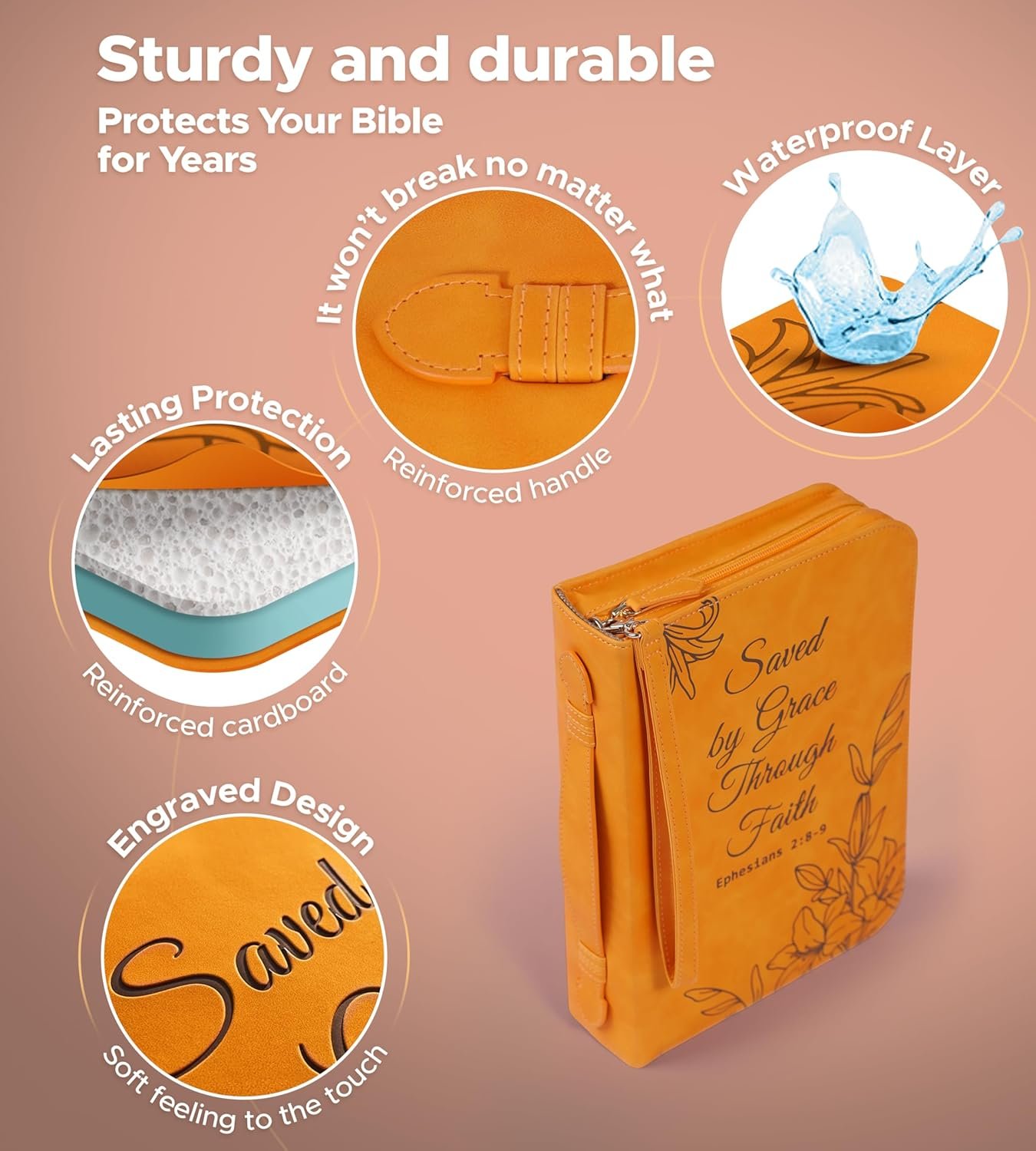 Large Bible Cover Case for Women (11"x8"x2.5") PU Leather Bible Cover for Girl w/Wristlet Strap, Bible Cover for Women w/Engraved Floral Lily Design, Waterproof Bible Case for Women (Orange) - Image 6