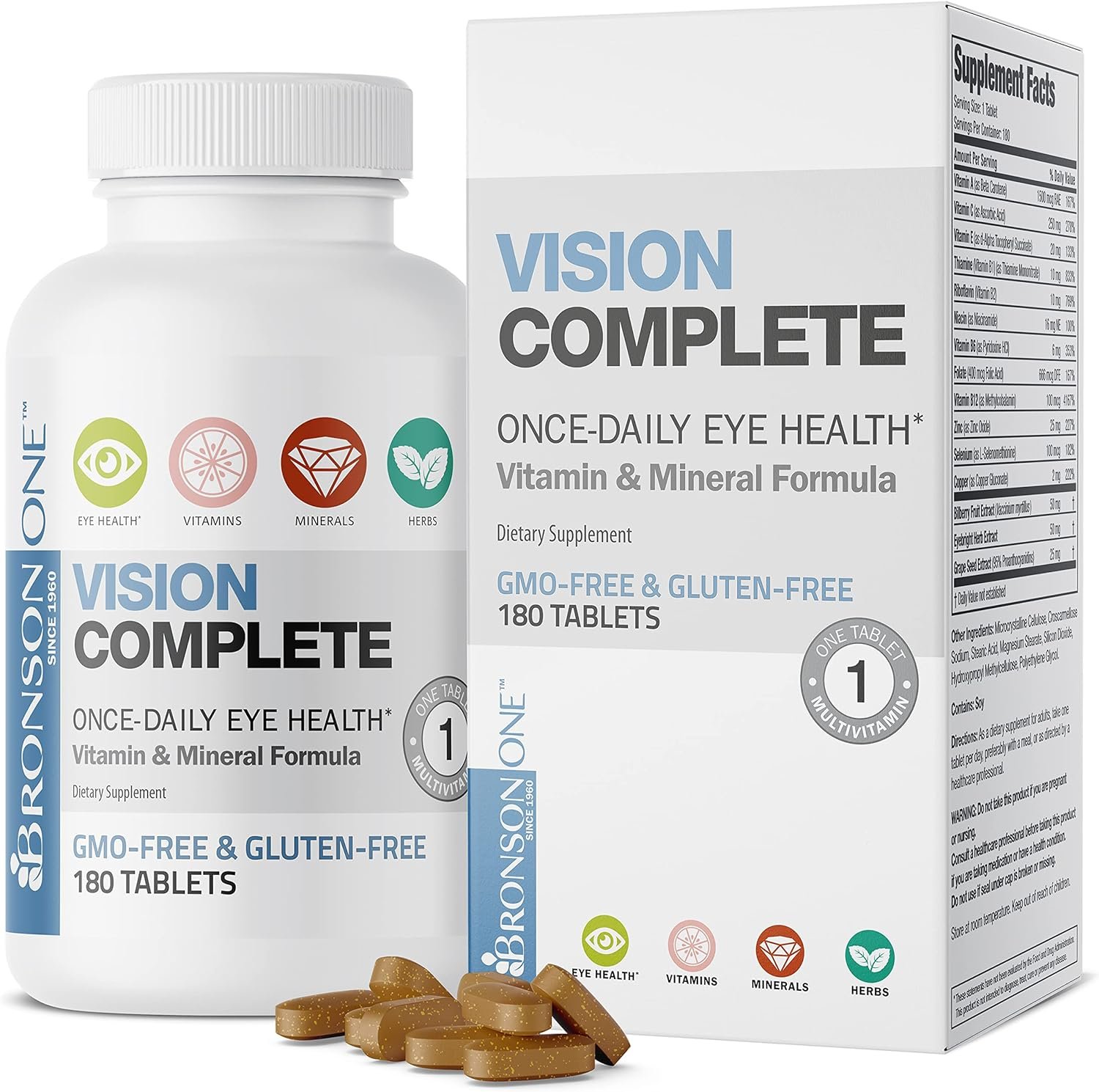 Bronson ONE Daily Vision Complete Eye Health Support Multivitamin Multimineral Supplement Formula, 180 Tablets - Image 2