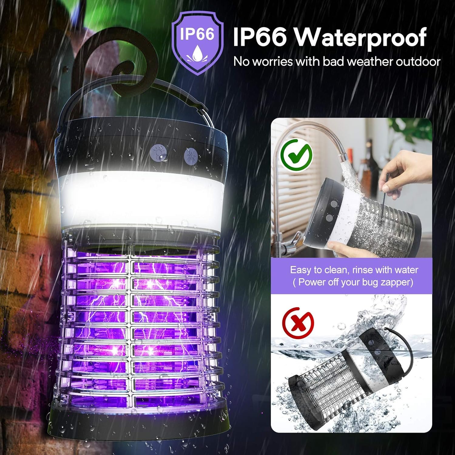 Bug Zapper, Electric Solar Mosquito Killer for Indoor & Outdoor, 3000V High Powered Pest Control Waterproof UV Mosquito Zapper,Rechargeable Insect Fly Trap for Home,Kitchen,Patio, Backyard,Camping - Image 6