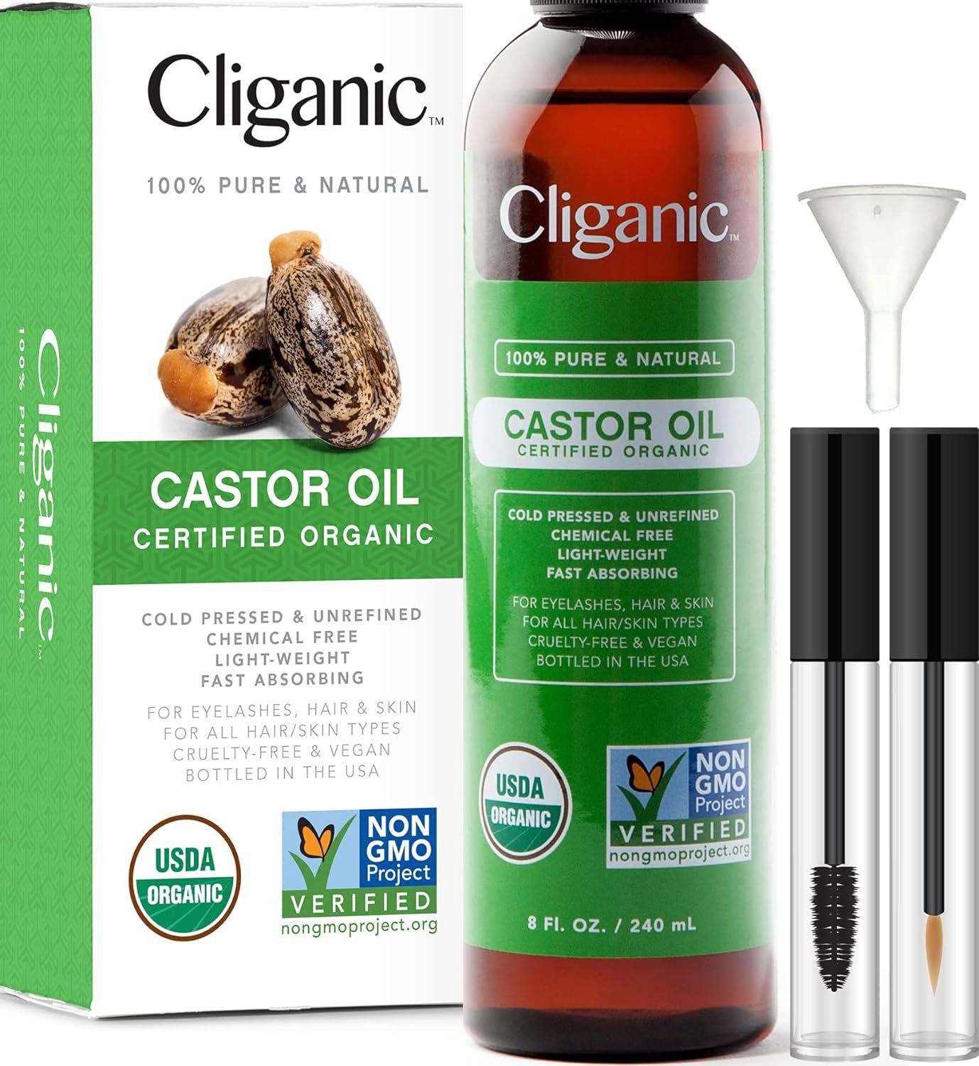 Cliganic USDA Organic Castor Oil, 100% Pure (8oz with Eyelash Kit) - For Eyelashes, Eyebrows, Hair & Skin | Natural Cold Pressed Unrefined Hexane-Free - Image 2