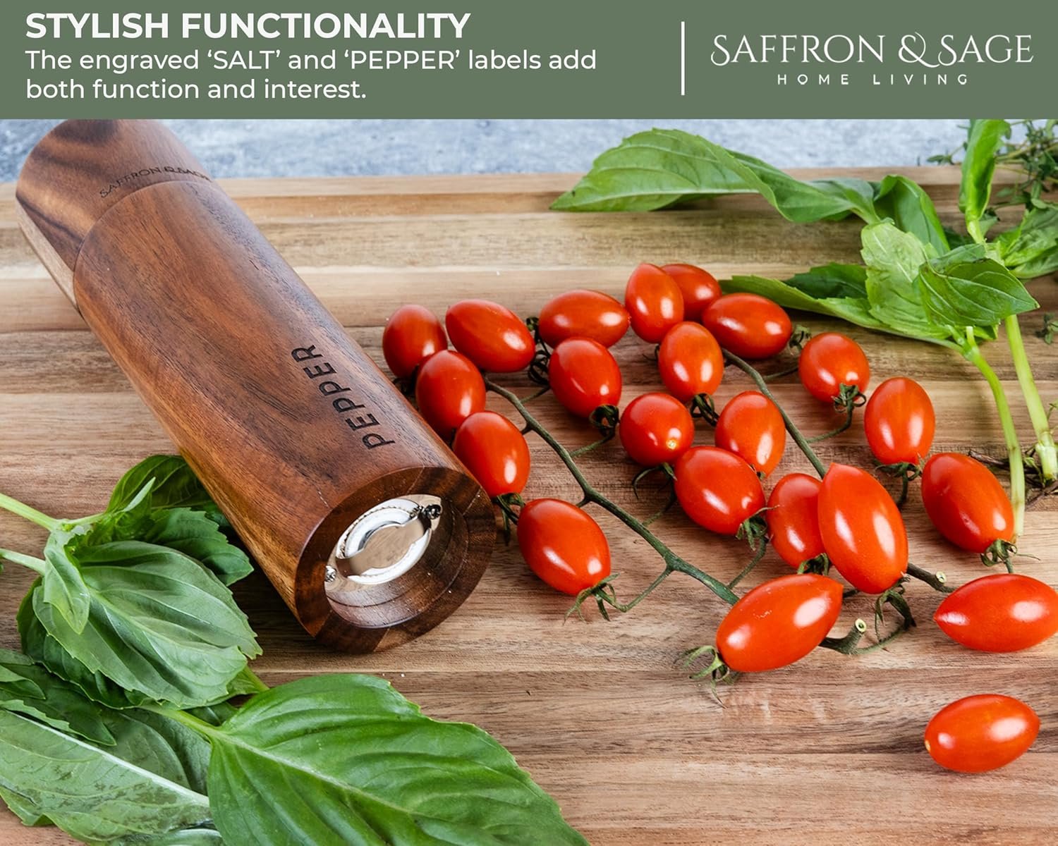 Saffron & Sage Premium Acacia Wood Salt and Pepper Grinder Set of 2-8” Tall Salt and Peppercorn Mill with Adjustable Coarse Settings, Rust Resistant, Smooth and Quality Grinding Mechanism - Image 10