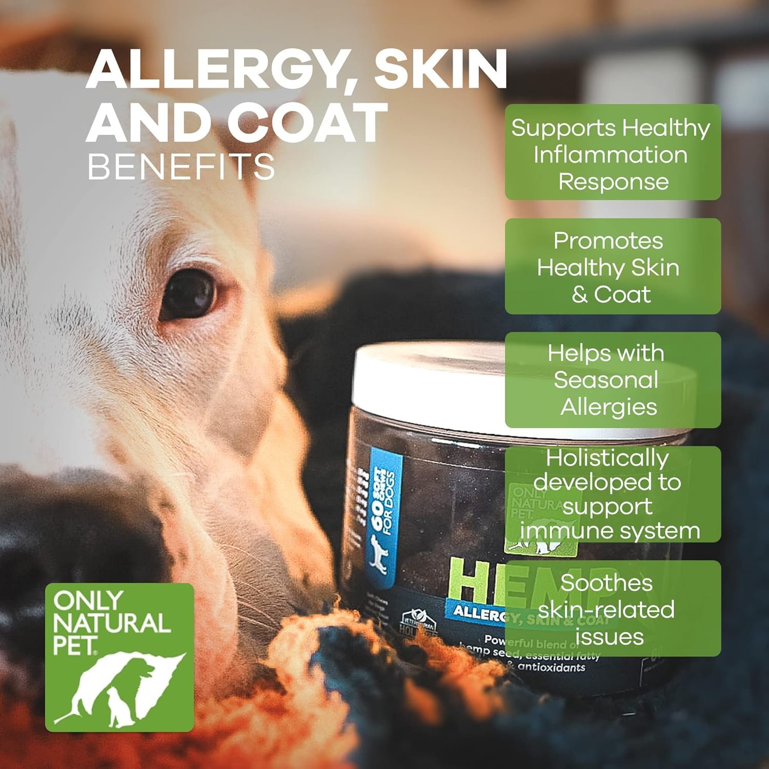 Only Natural Pet Allergy, Skin & Coat Hemp Soft Chews - Allergy Immune Bites for Dogs, Omega 3 Supplement, Hemp Oil - Calming Treats for Itchy Skin Relief, Hot Spot - (120 Count) - Image 5