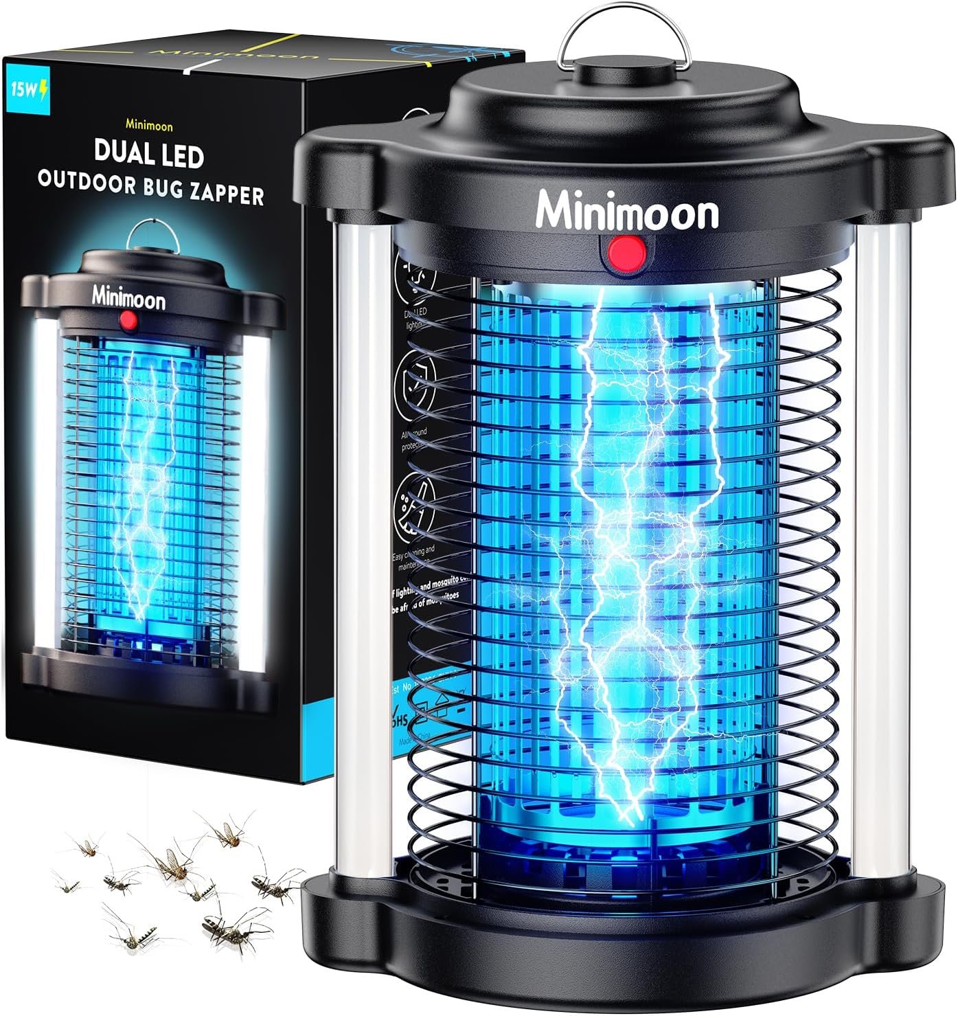 Minimoon Bug Zapper Outdoor, Upgraded Mosquito Zapper with Dual LED Light, 4200V Fly Zapper, 15W Electric Fly Traps Outdoor, IPX4, 8.2Ft Cord, Insect Trap for Yard, Backyard, Patio - Image 2