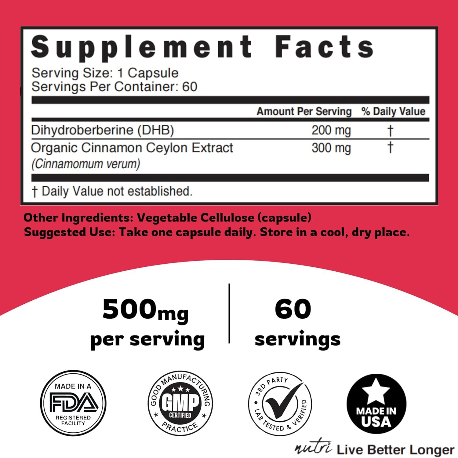 Dihydroberberine Supplement 200mg 60 Capsules - With Ceylon Cinnamon - 5X More Effective Than Regular Berberine HCL - Super Berberine with Ceylon Cinnamon - Dihydroberberine with Ceylon Cinnamon - Image 6