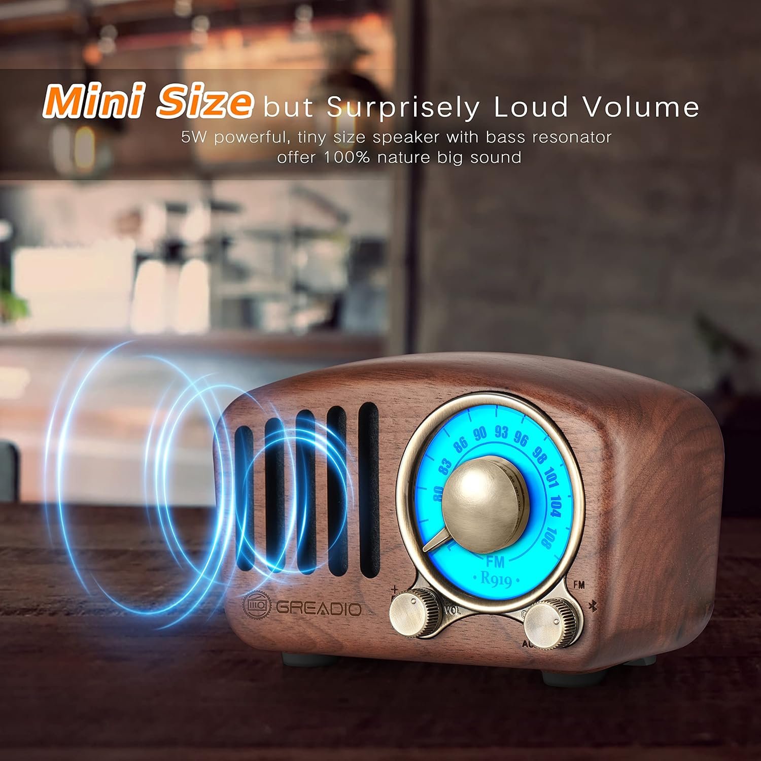 Vintage Greadio Walnut Wood Bluetooth Speaker Radio - Retro Style, Bass Enhancement, Loud Volume, Bluetooth 5.0, MP3 & FM Radio - Image 6