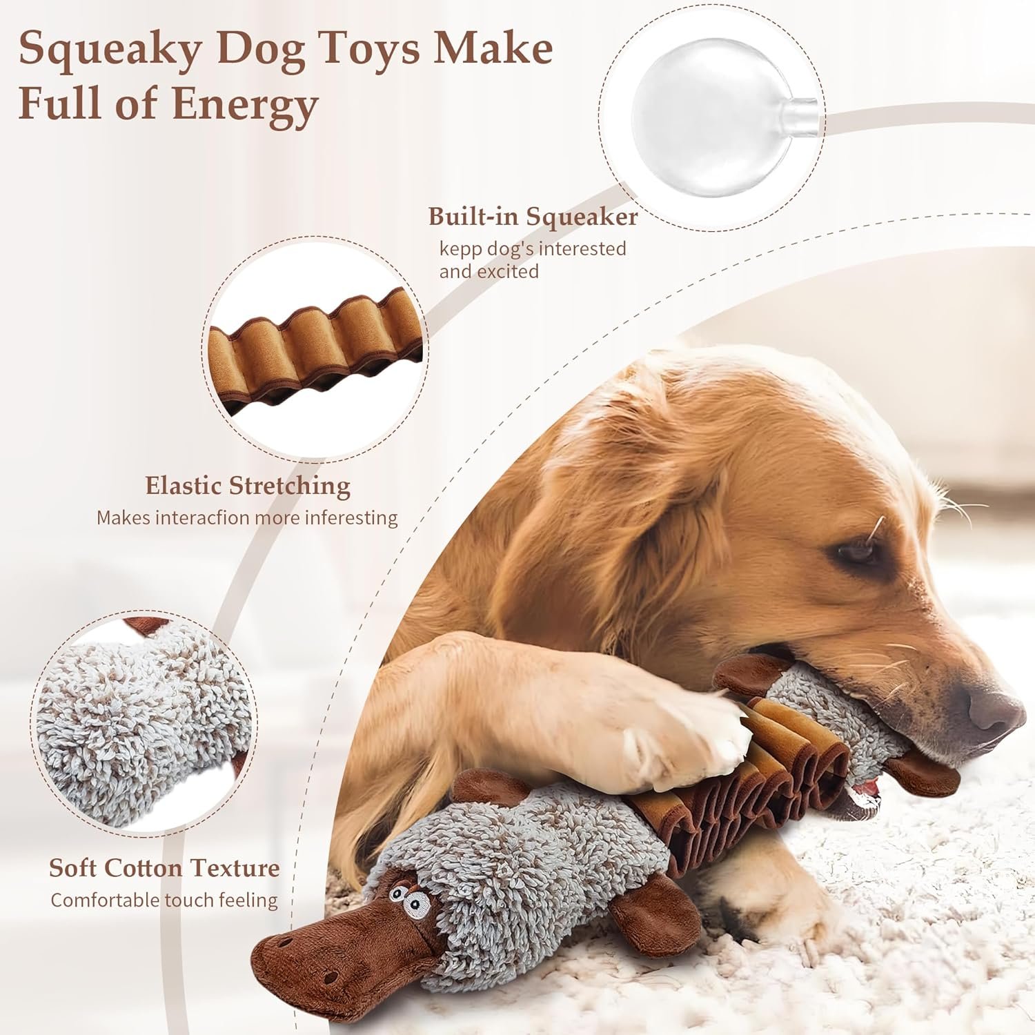 Squeaky Dog Toys, Interactive Tug of War Puppy Toys, Funny Plush Dog Chew Toys, Stuffed Dog Toys for Small,Medium and Large Dogs - Platypus - Image 3
