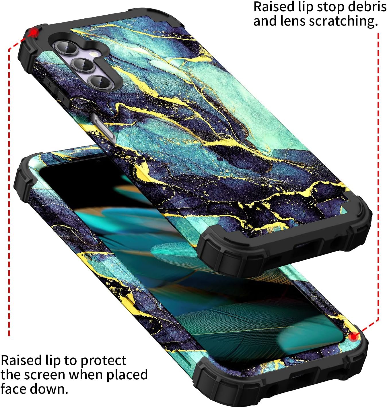 for Galacy A14 5G Case,Marble Design Three Layer Heavy Duty Shockproof Hybrid Hard Plastic Bumper Soft Silicone Rubber Drop Protective Cover Case for Galaxy A14 6.6",(Blue-Green) - Image 5