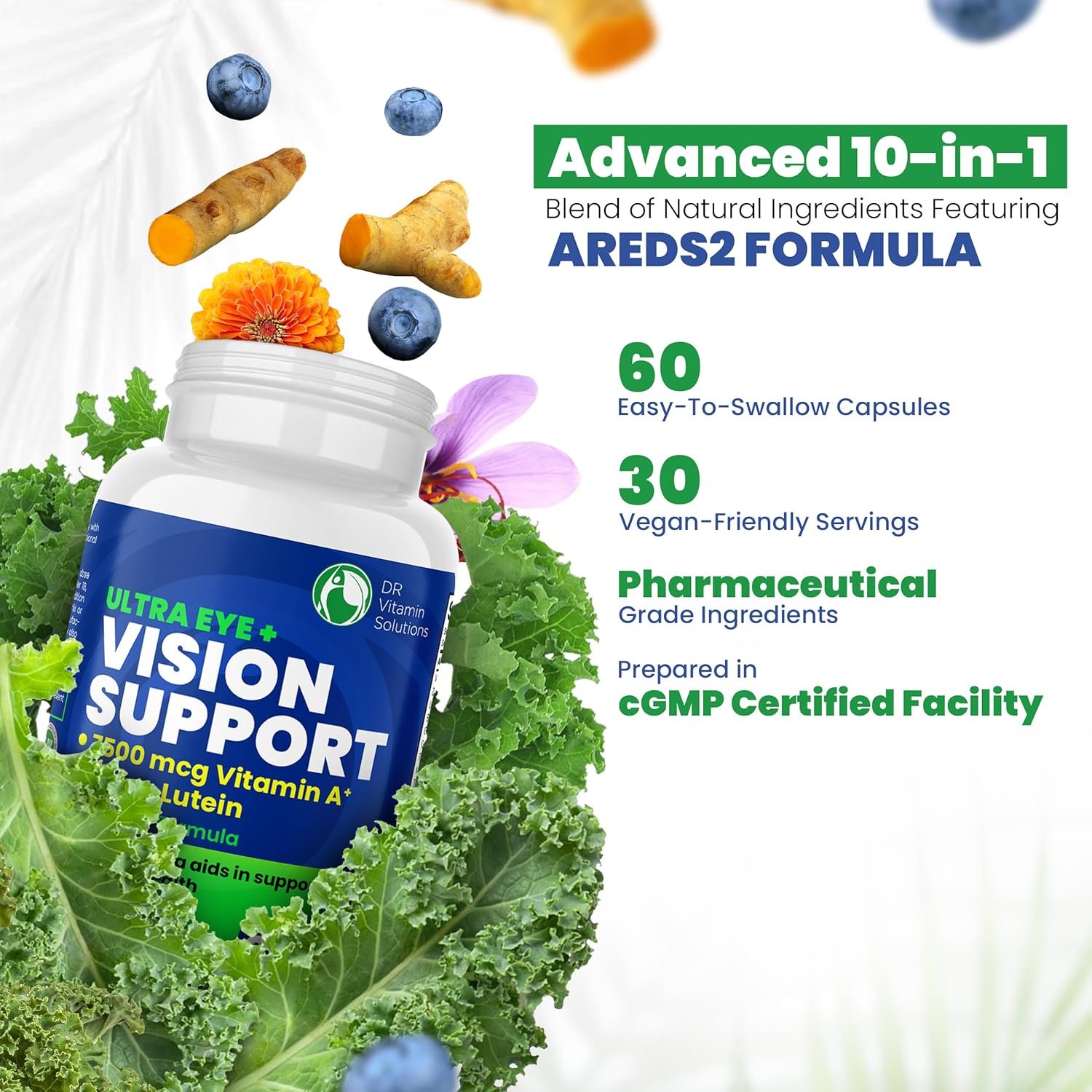 Vision Support Eye Vitamins for Macular Health | Supplements with Lutein, Zinc, Vitamin A & Bilberry | Areds 2 Formula for Red & Dry Eyes, Sight Care (1 Bottle, 60 Capsules) - Image 8