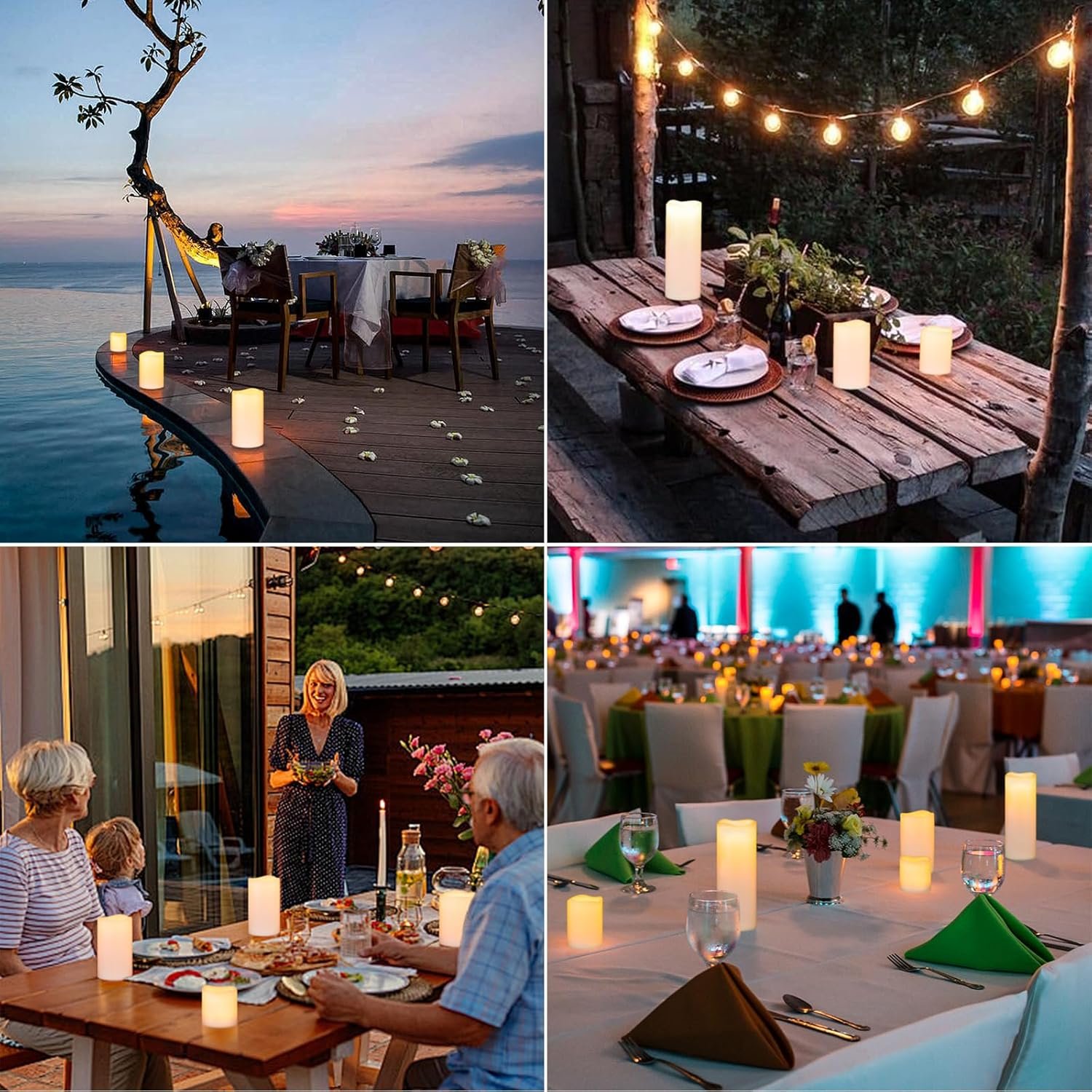 Eldnacele Waterproof Flameless Flickering Candles with 6 Hours Timer, Indoor Outdoor White LED Plastic Battery Operated Pillar Candles Pack of 4 Wedding Dinner Home Decor, D3”x H4” 5” 6” 8” - Image 6