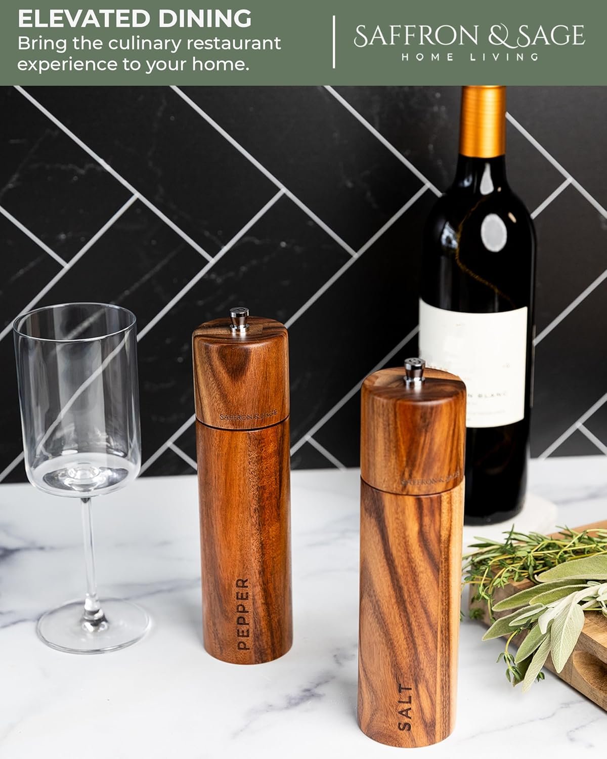 Saffron & Sage Premium Acacia Wood Salt and Pepper Grinder Set of 2-8” Tall Salt and Peppercorn Mill with Adjustable Coarse Settings, Rust Resistant, Smooth and Quality Grinding Mechanism - Image 6