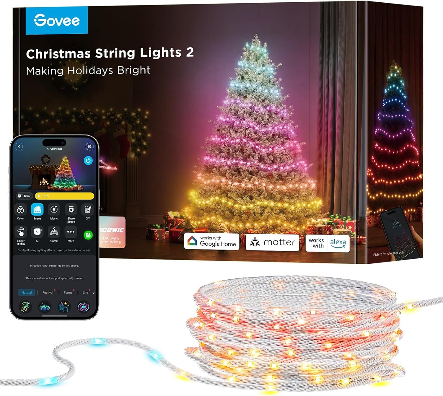 Govee Christmas Lights 2, RGBWIC 99FT 300LEDs Christmas Tree Lights with Shape Mapping Function, Smart Holiday String Lights for Christmas Decor, 130+ Preset Scenes, Voice and APP Control, Clear Wire - Image 2