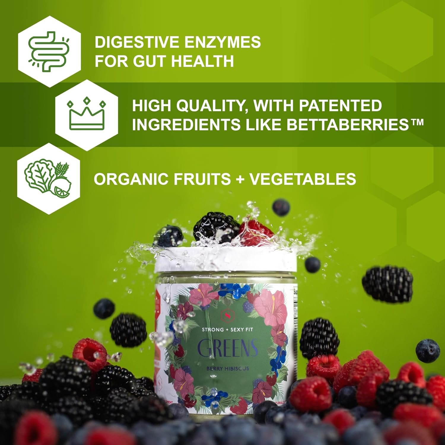 Strong + Sexy Fit Greens Superfood Powder, Green Juice for Gut Health, Energy & Immune Support, Fruit and Veggies Supplement with Wheat Grass, Digestive Enzyme, Vitamin C, 30 SVG, Berry Hibiscus - Image 4