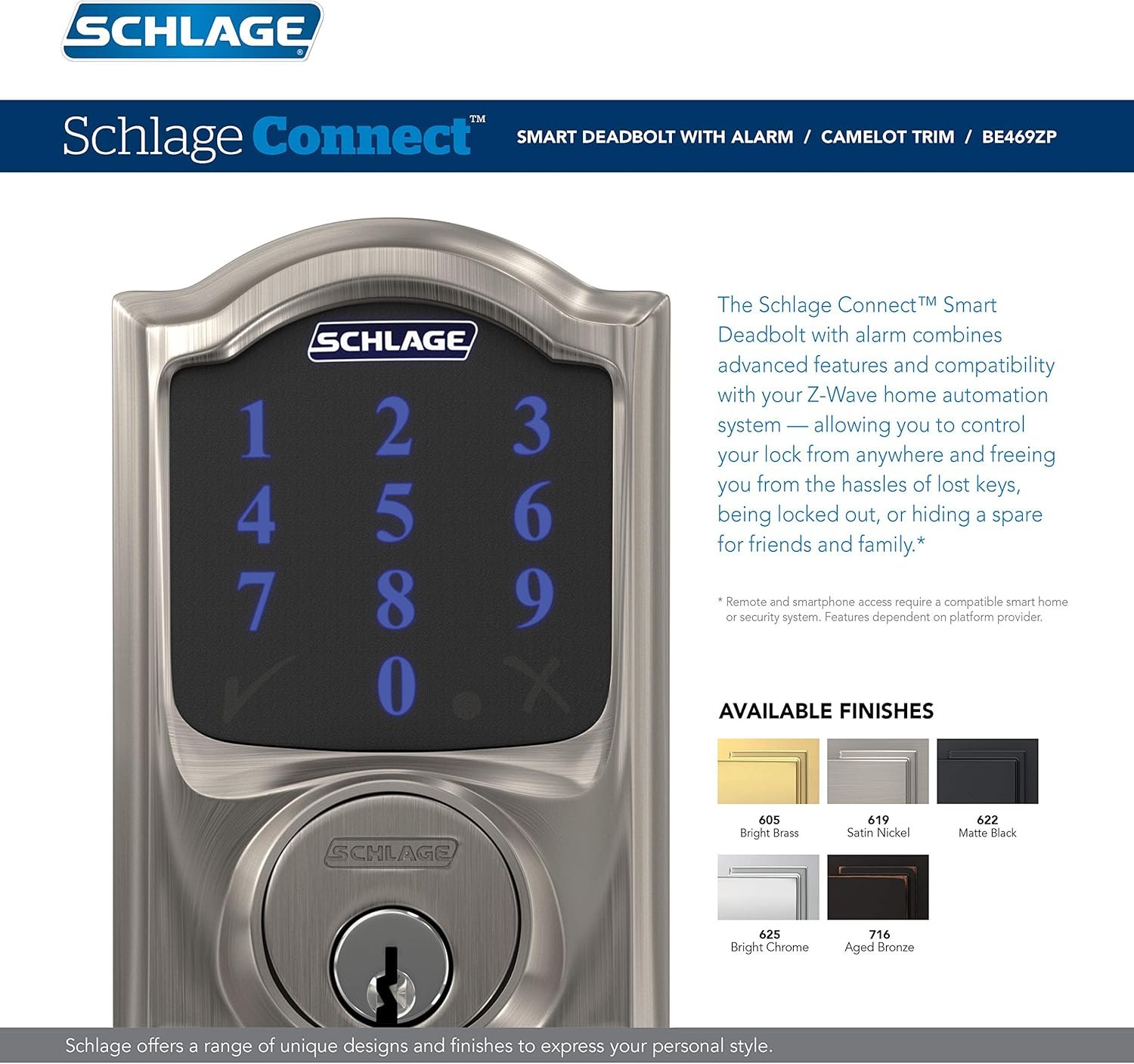 SCHLAGE BE469ZP CAM 605 Connect Smart Deadbolt With Alarm Inbuilt Camelot Trim In Bright Brass - Image 4