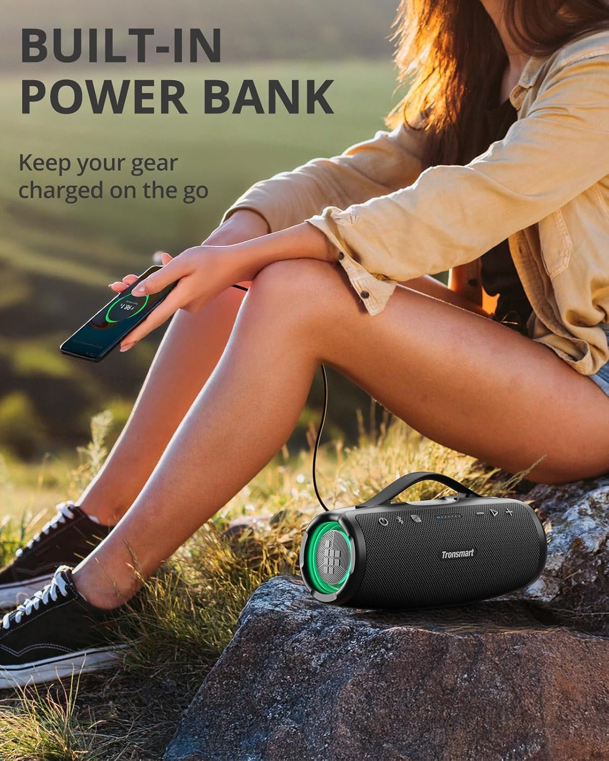 Tronsmart Mirtune S100 Portable Bluetooth Speaker, 50W Punchy Bass &Clear Treble, Retractable Handle, 20H Playtime, IPX7 Waterproof, Customize EQ, Built-in Power Bank for Outdoor, Camping,Beach(Black) - Image 8