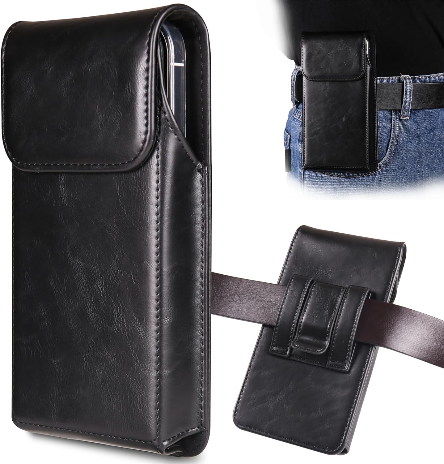 Holster for iPhone 16 Pro Max 15 Pro Max 14 Pro Max 13 Pro Max 12 Pro Max 16 Plus 15 Plus 14 Plus, Premium Leather Pouch with Belt Clip Phone Holster Belt Case, Black -L - Image 2
