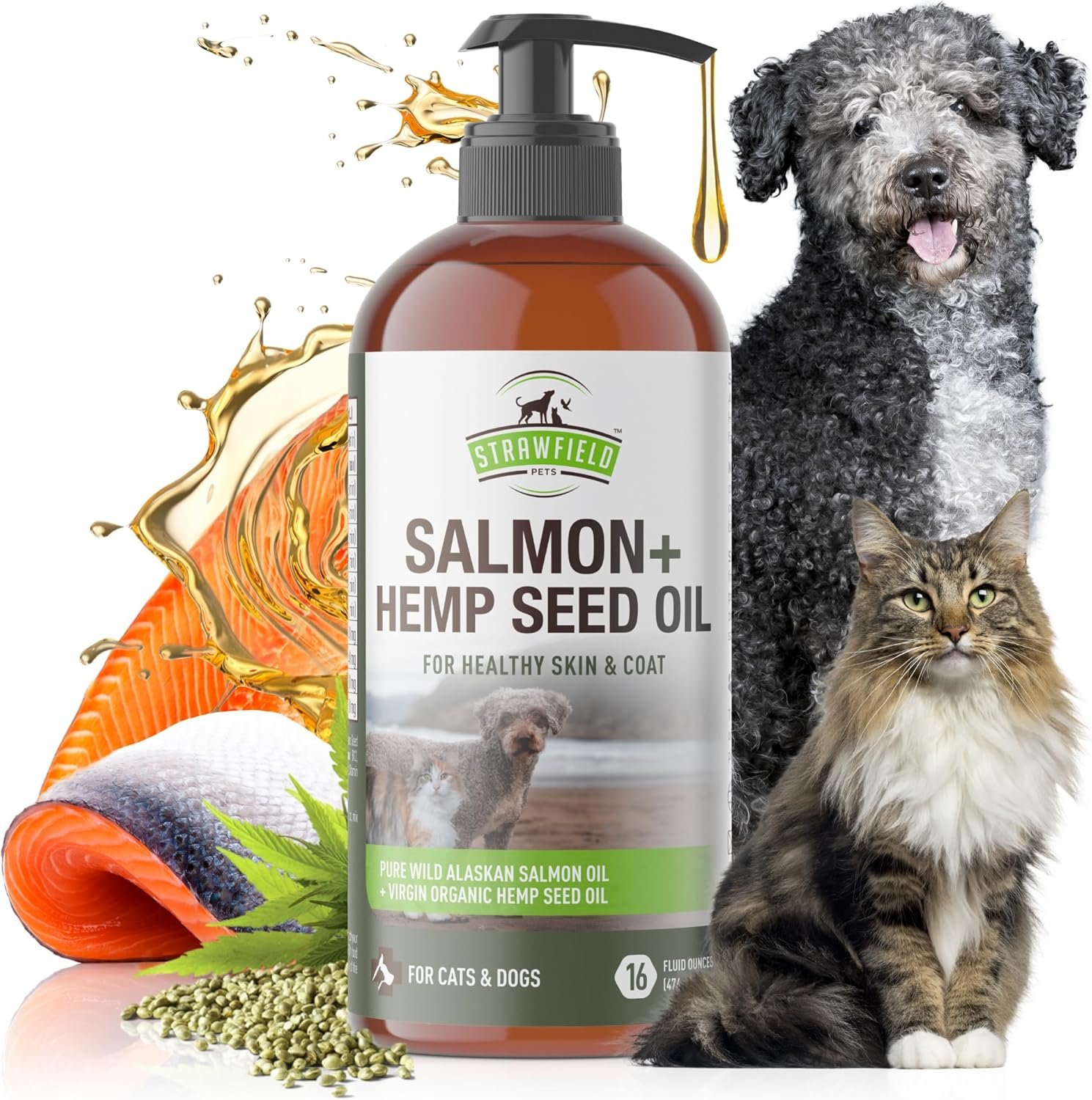 Strawfield Pets' Salmon + Hemp Oil Wild Alaskan Salmon Oil for Dogs & Cats with Organic Pet Hemp Oil Liquid Omega 3 Fish Oil for Dog Shedding, Dry Itchy Skin, Coat Supplement, USA 16 oz / 474 ml - Image 2