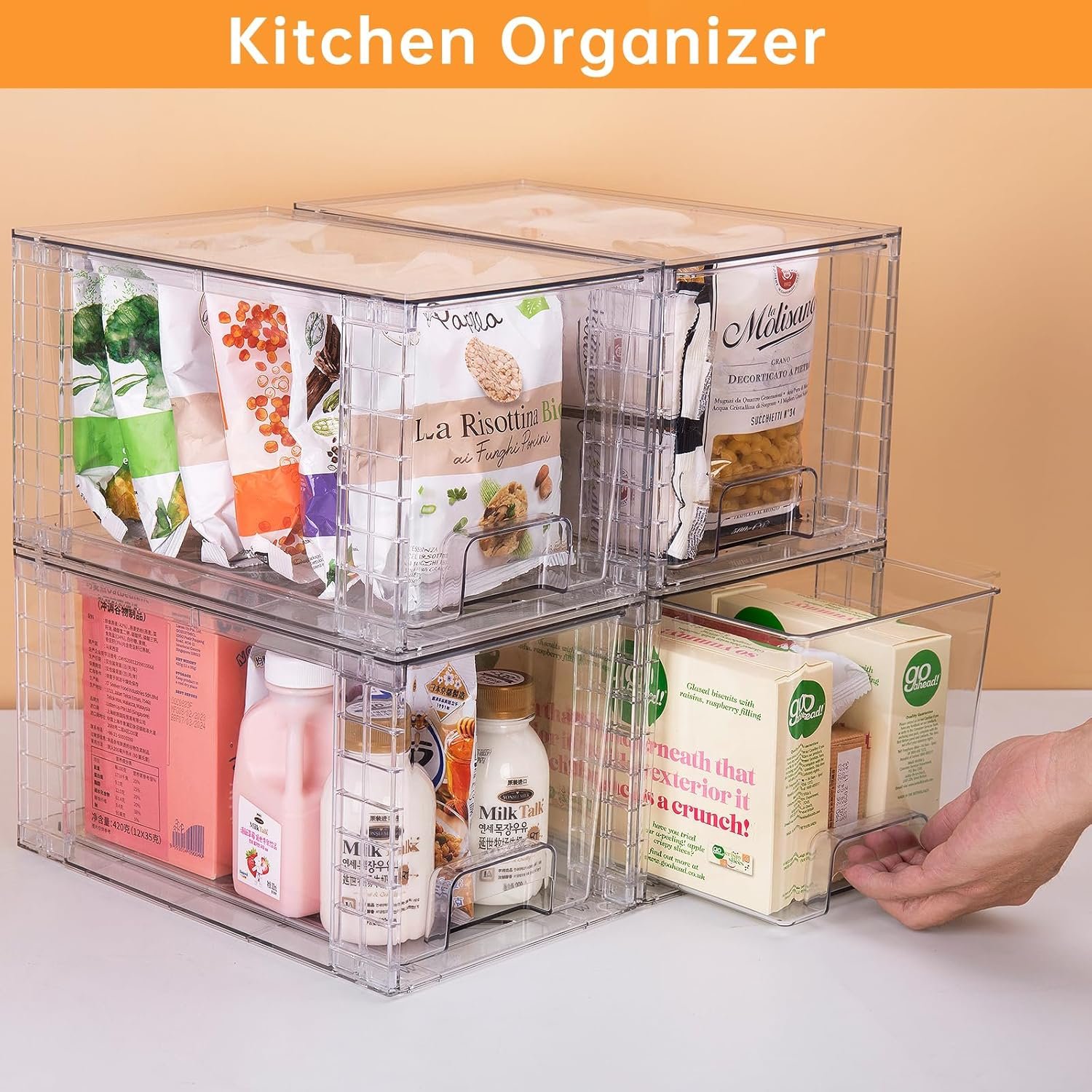4Pack Large Stackable Kitchen Storage Drawers, Clear Foods Organizer Bins with Handles, Easily Assemble for Bathroom, Kitchen, Pantry, Cabinet, Closet(XL-Down Handle) - Image 7
