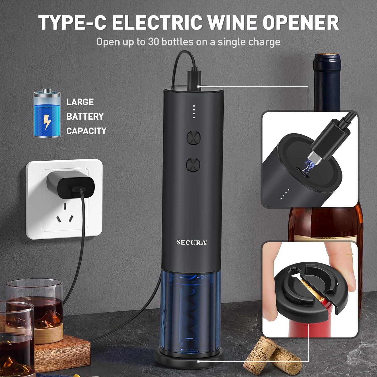 Secura Stainless Steel Electric Wine Opener, Rechargeable Automatic Home Wine Bottle Opener with Foil Cutter & Charging Cable, Reusable Corkscrew Wine Opener Electric for Wine Lovers, Black - Image 3
