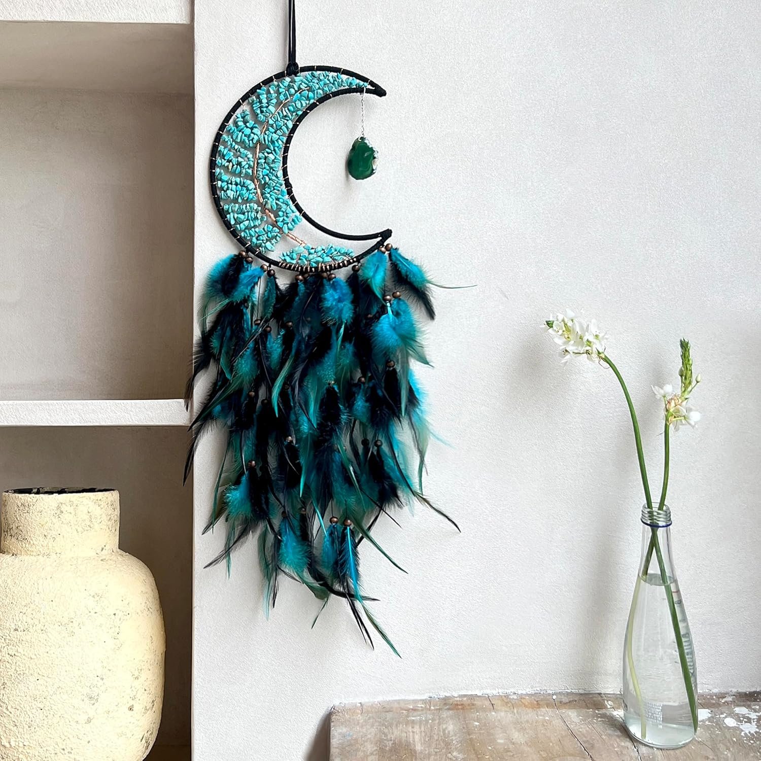 Dksuwe Moon Dream Catchers with Chakra Gemstone Agate Stone, Crystal Tree Life Dream Catchers Wall Hangings Room Decor (Green) - Image 10