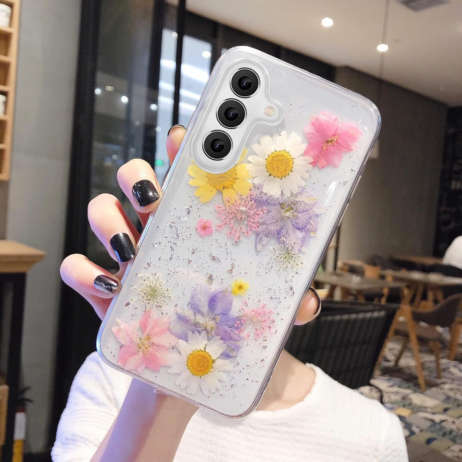 EYZUTAK Case for Samsung Galaxy A14 5G, Bling Glitter Sequin Handmade Real Dried Flower Leaf Clear Aesthetic Case Embedded Pressed Floral Soft Rubber Gel TPU Protective Bumper Cover - Blue+Pink - Image 6