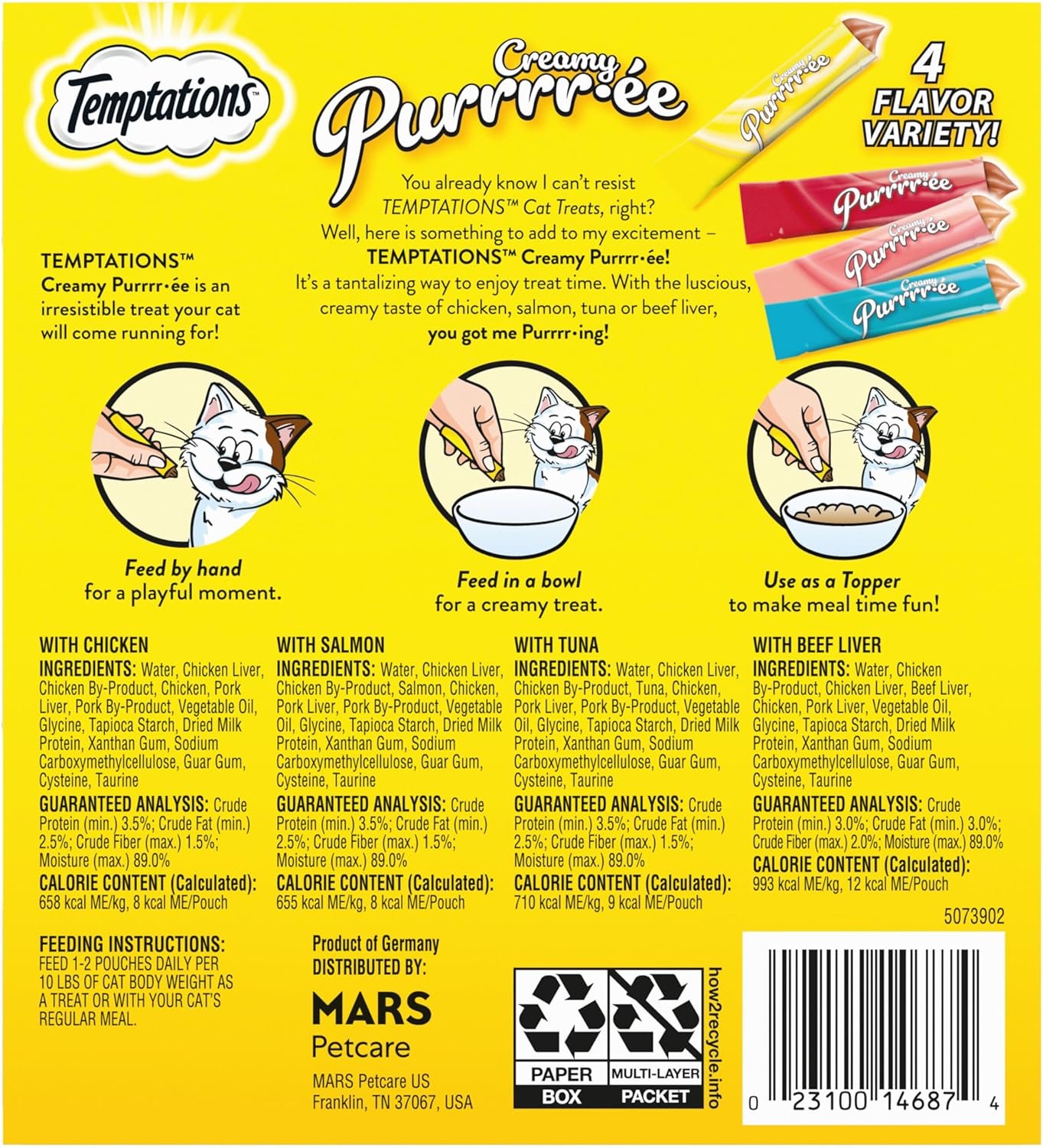 Temptations Creamy Puree with Beef Liver, Salmon, Chicken, and Tuna Squeezable Lickable Wet Cat Treat Variety Pack, 0.42 oz. Tubes, Pack of 48 - Image 3