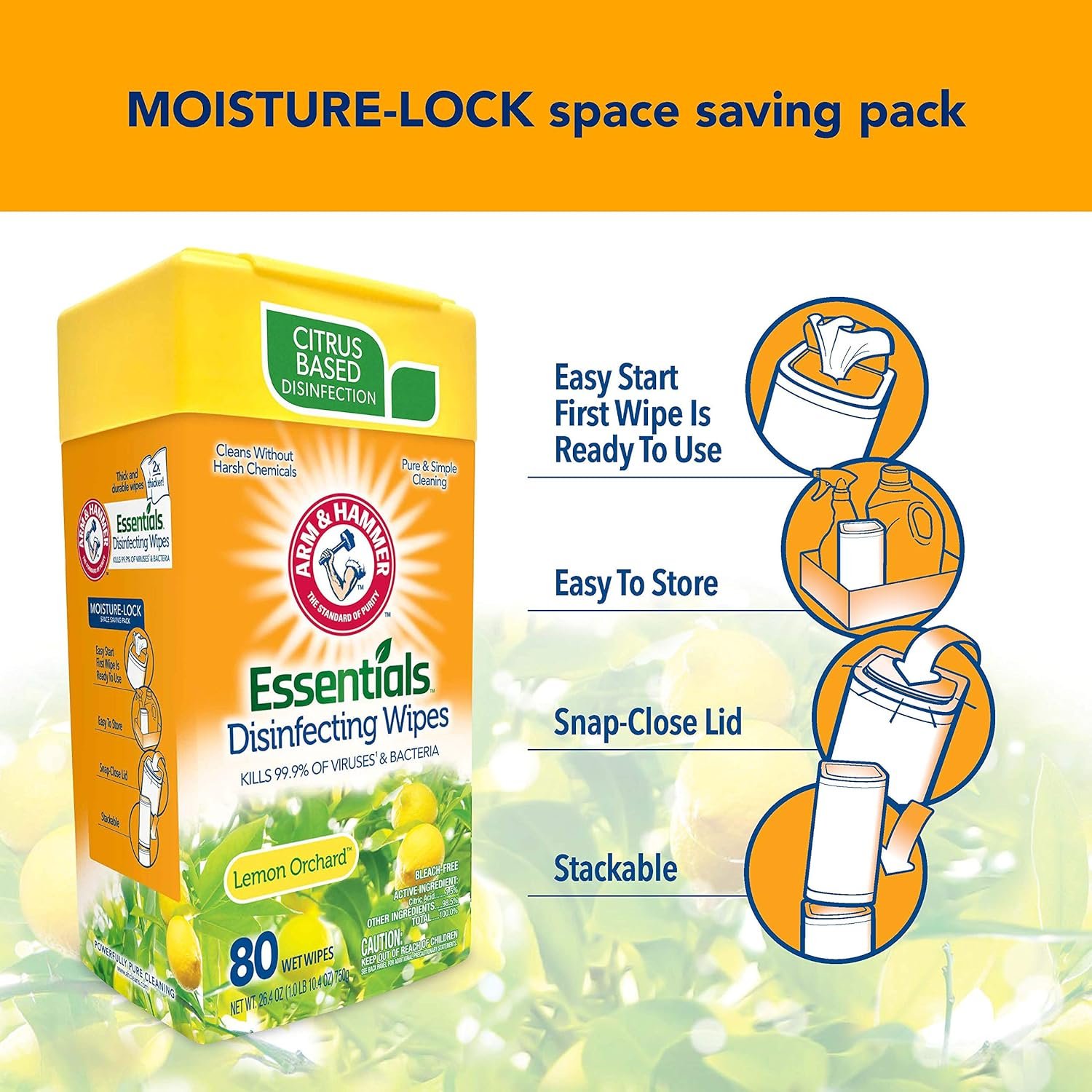 Arm & Hammer Essentials Disinfecting Wipes, Lemon Orchard Scent, 3 Pack, 80 Count, 240 Wipes, Volcano - Image 6