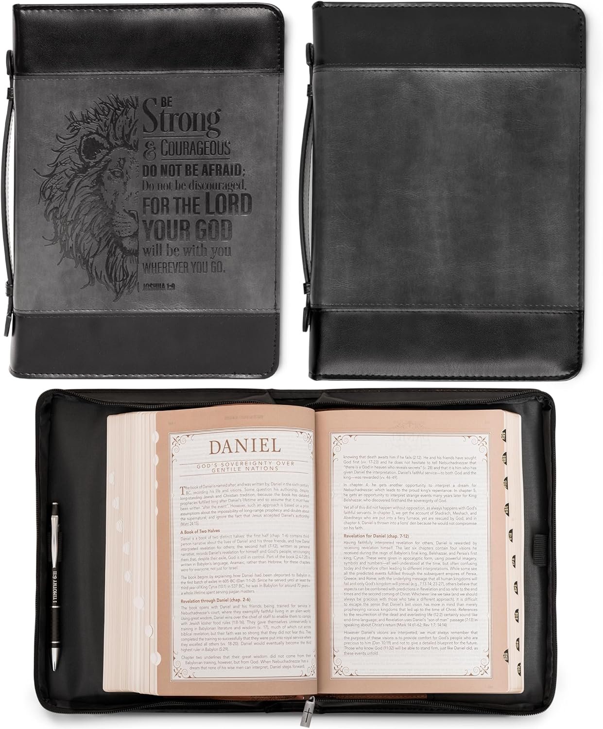 Christian Art Gifts Classic Faux Leather Bible Cover for Men and Women: Be Strong and Courageous - Joshua 1:9 Inspirational Bible Verse with Lion, Gray and Black, Large - Image 2