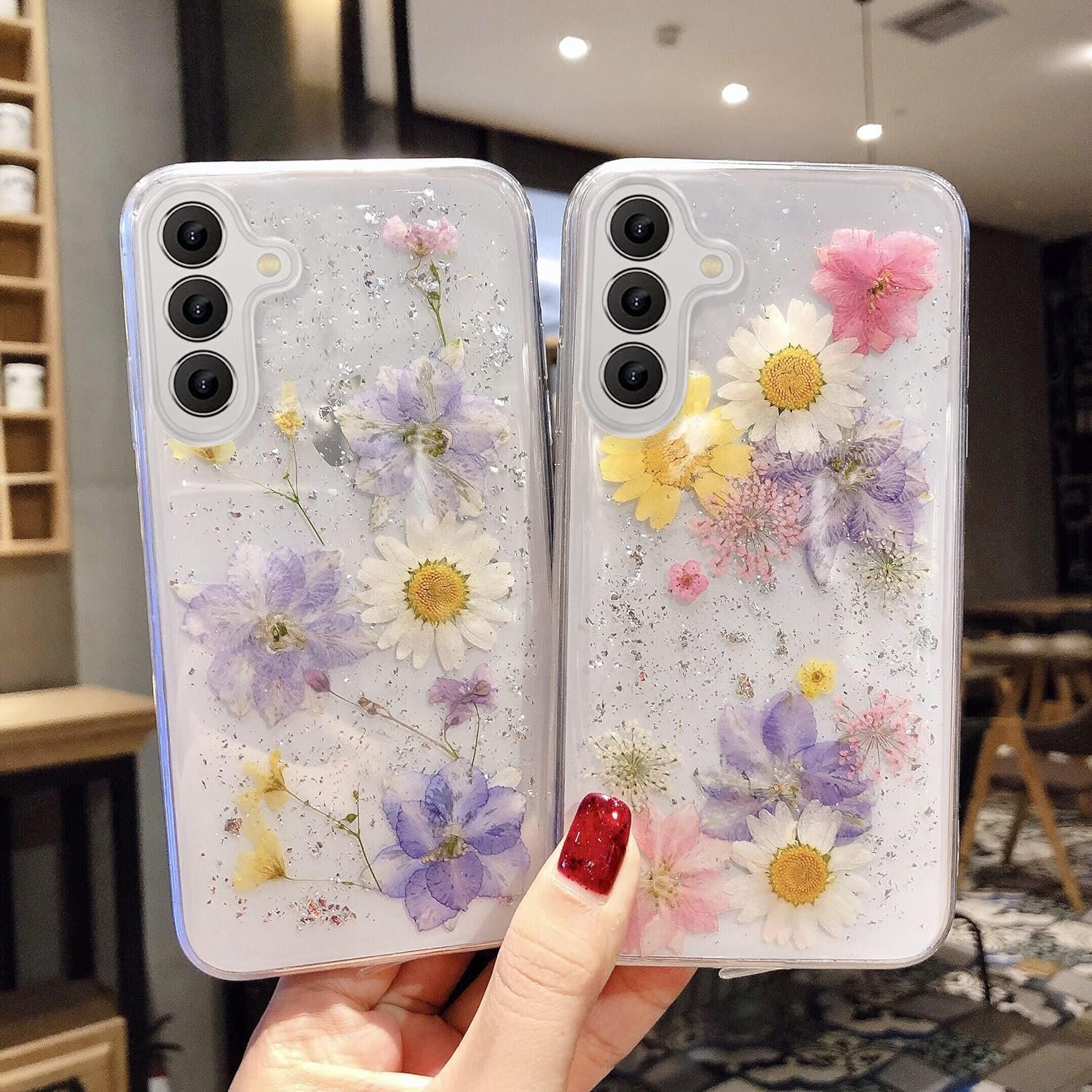 EYZUTAK Case for Samsung Galaxy A14 5G, Bling Glitter Sequin Handmade Real Dried Flower Leaf Clear Aesthetic Case Embedded Pressed Floral Soft Rubber Gel TPU Protective Bumper Cover - Blue+Pink - Image 5