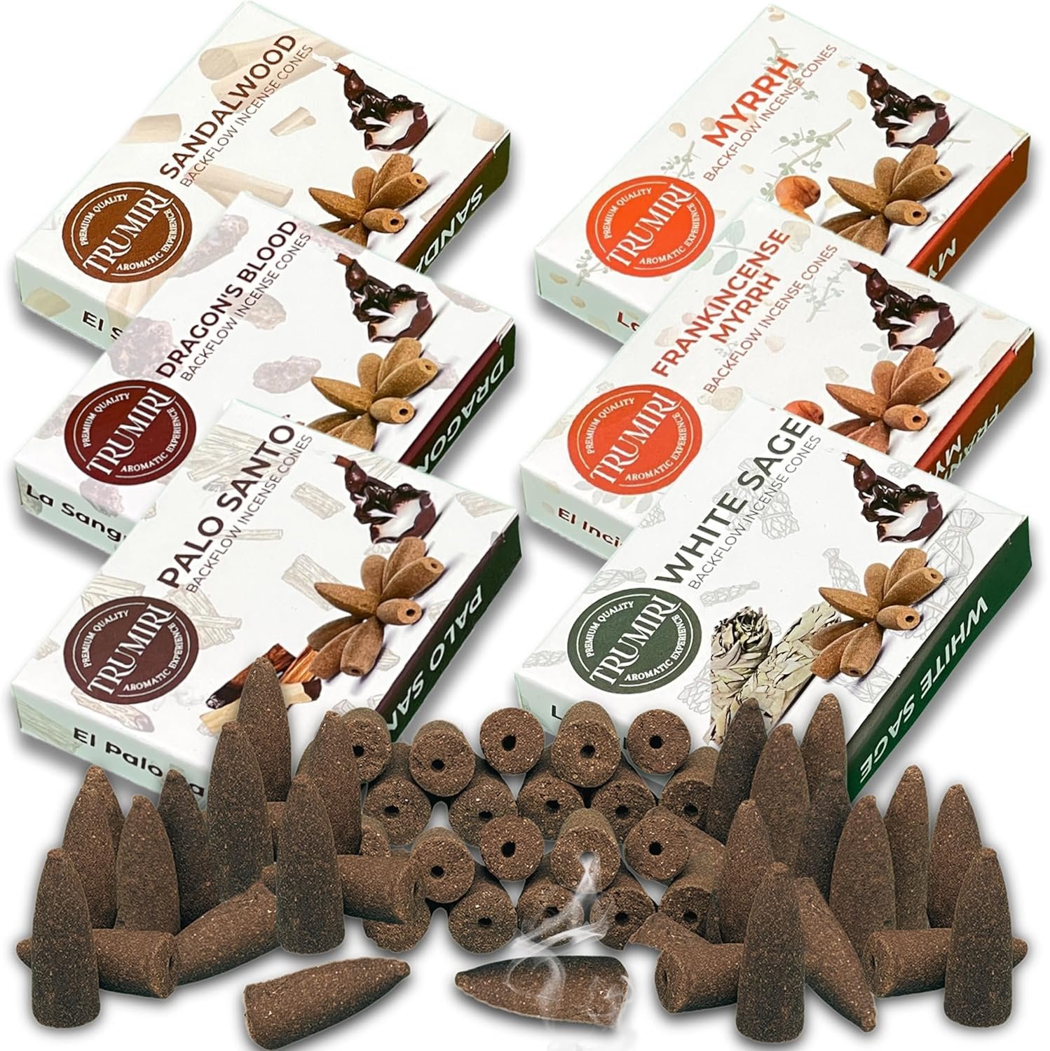 Woody - Backflow Incense Cones for Waterfall - Scented Inscents-Cones - Sandalwood, Dragons Blood, Palo Santo, White Sage - Insiensos Aromaticos - 6x10=60 Large Variety Pack - Back Flow Down Reverse - Image 2