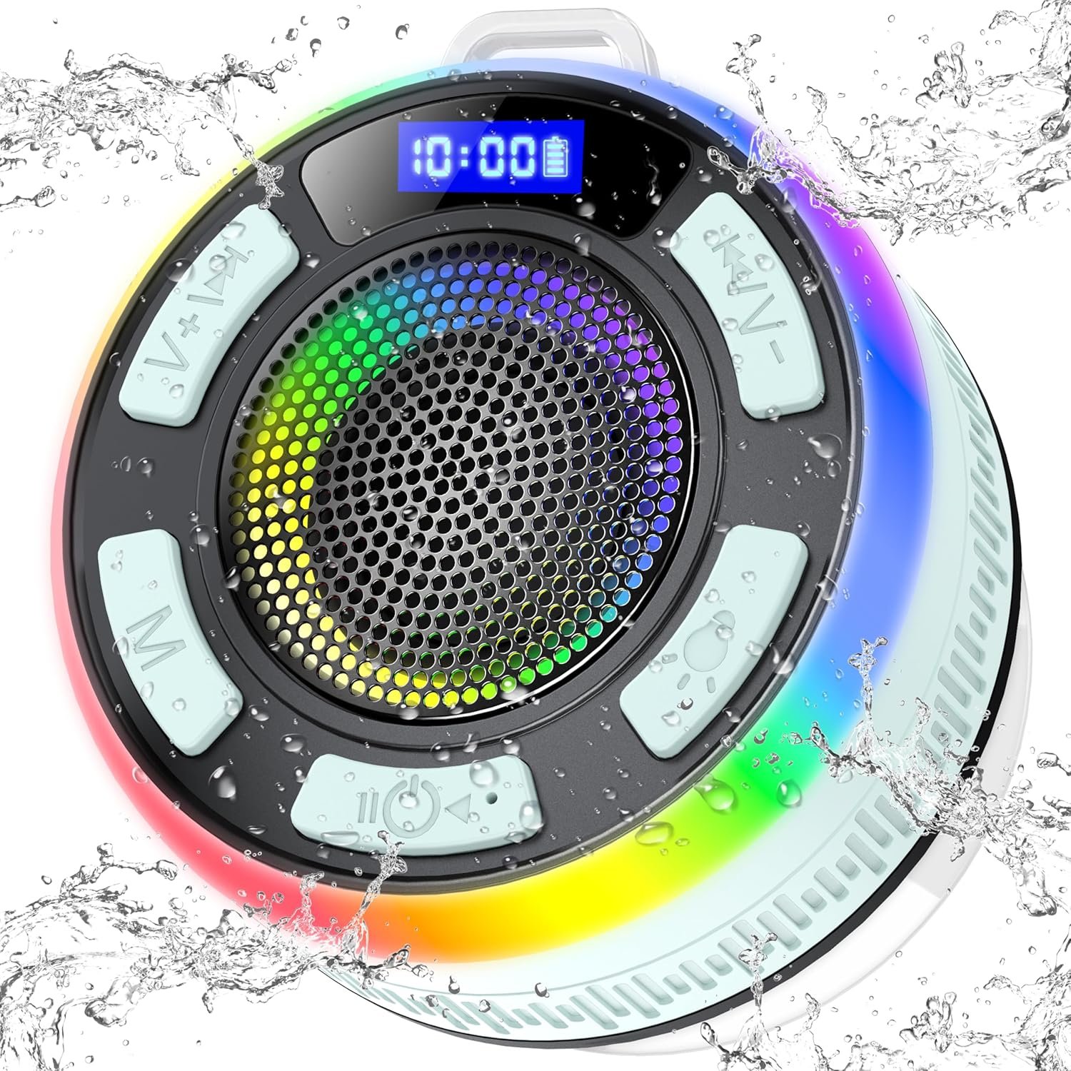 Bluetooth Shower Speaker, Portable Shower Speakers IP7 Waterproof with Suction Cup and Time Display, Dynamic LED Lights and Dual Stereo Pairing, Handsfree Speaker with Mic for Bathroom, Light Cyan - Image 2