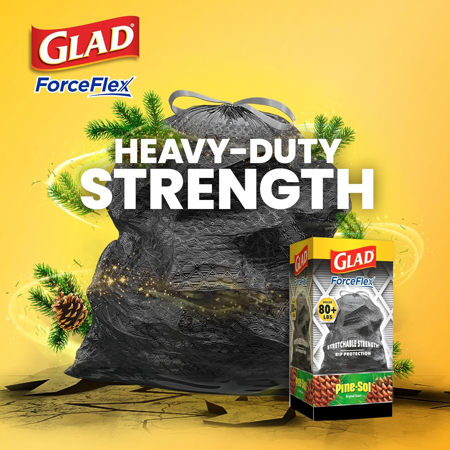 Glad Trash Bags, ForceFlex Drawstring Large Garbage Bags, 30 Gal, Pine-Sol Original Scent, 25 Ct, Pack May Vary - Image 4