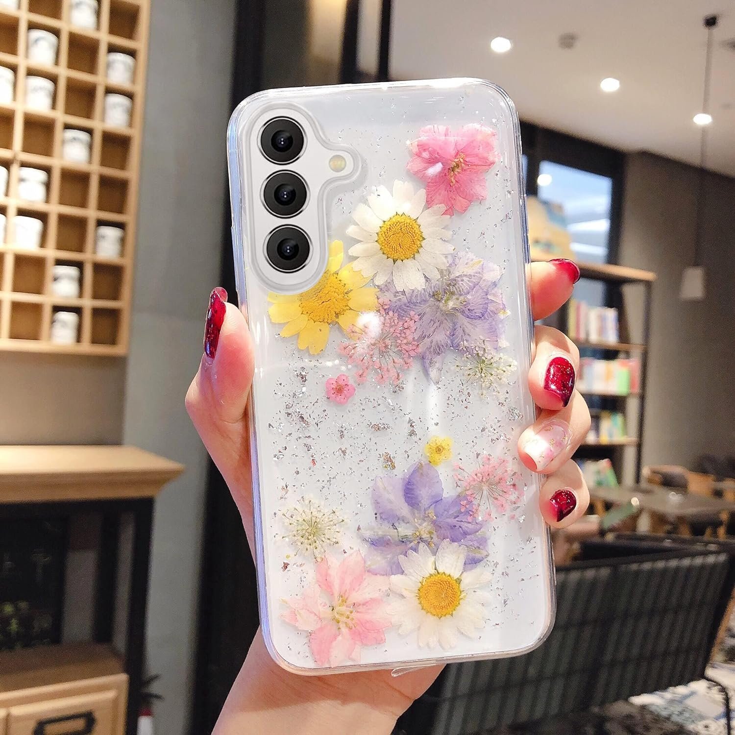 EYZUTAK Case for Samsung Galaxy A14 5G, Bling Glitter Sequin Handmade Real Dried Flower Leaf Clear Aesthetic Case Embedded Pressed Floral Soft Rubber Gel TPU Protective Bumper Cover - Blue+Pink - Image 2