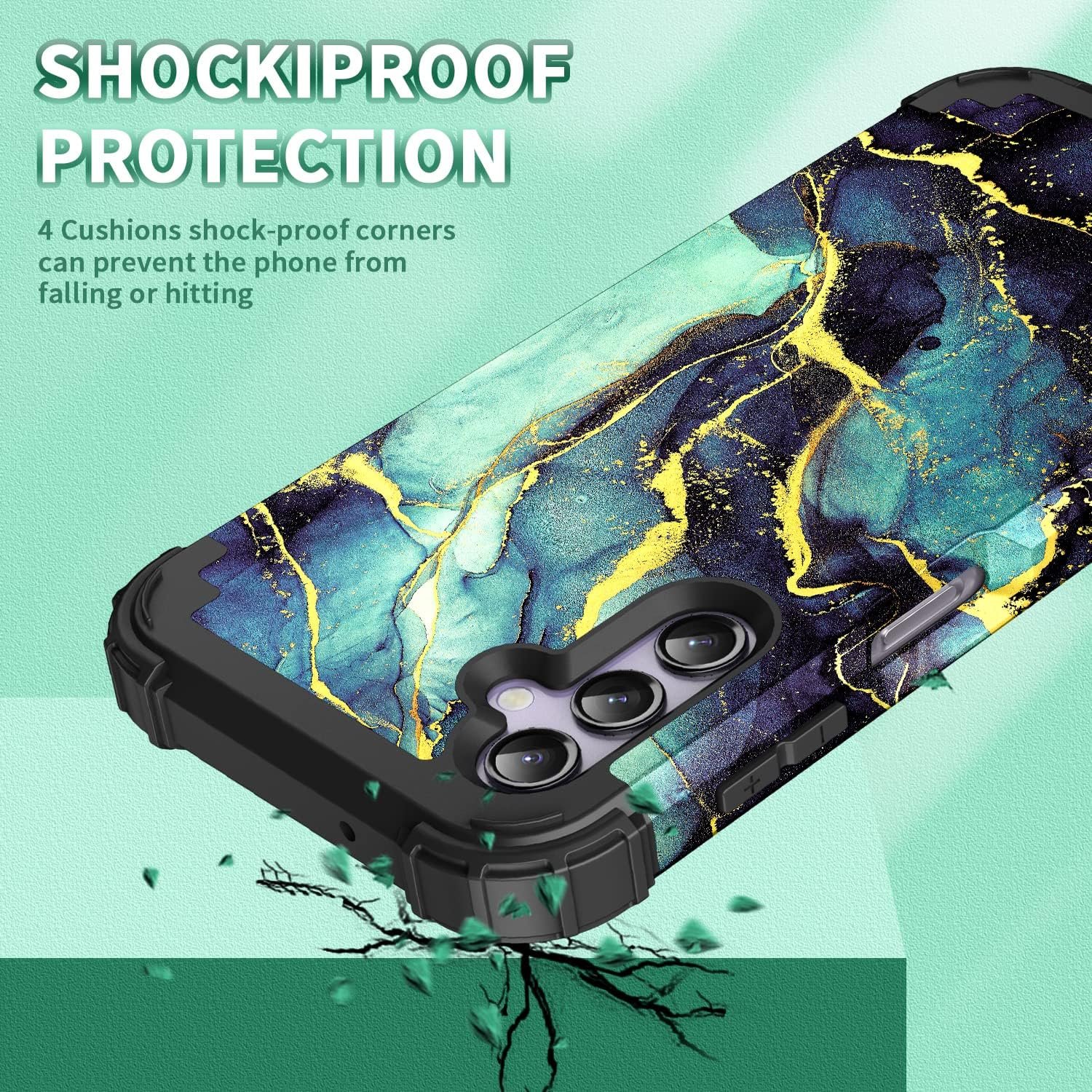 for Galacy A14 5G Case,Marble Design Three Layer Heavy Duty Shockproof Hybrid Hard Plastic Bumper Soft Silicone Rubber Drop Protective Cover Case for Galaxy A14 6.6",(Blue-Green) - Image 3