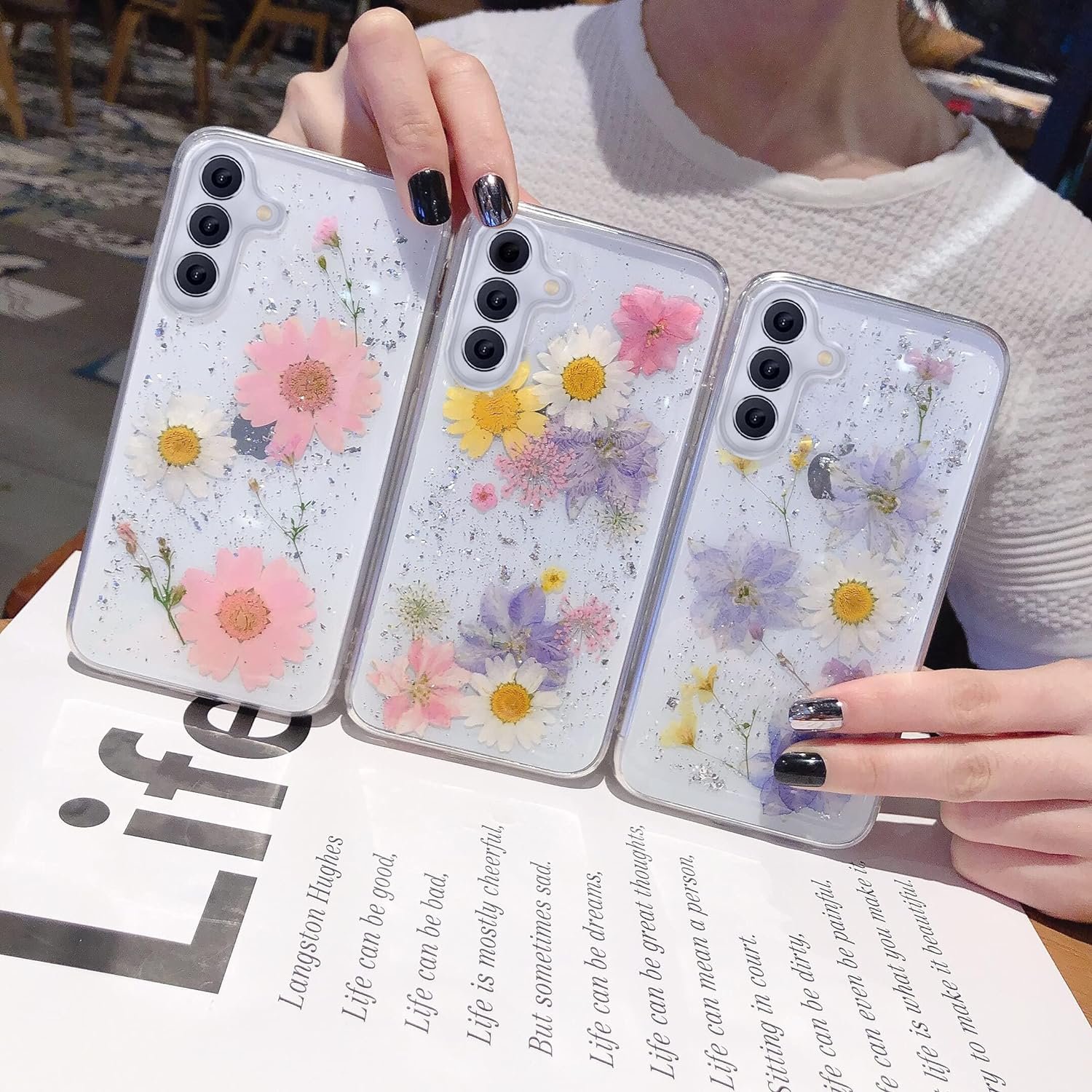 EYZUTAK Case for Samsung Galaxy A14 5G, Bling Glitter Sequin Handmade Real Dried Flower Leaf Clear Aesthetic Case Embedded Pressed Floral Soft Rubber Gel TPU Protective Bumper Cover - Blue+Pink - Image 4
