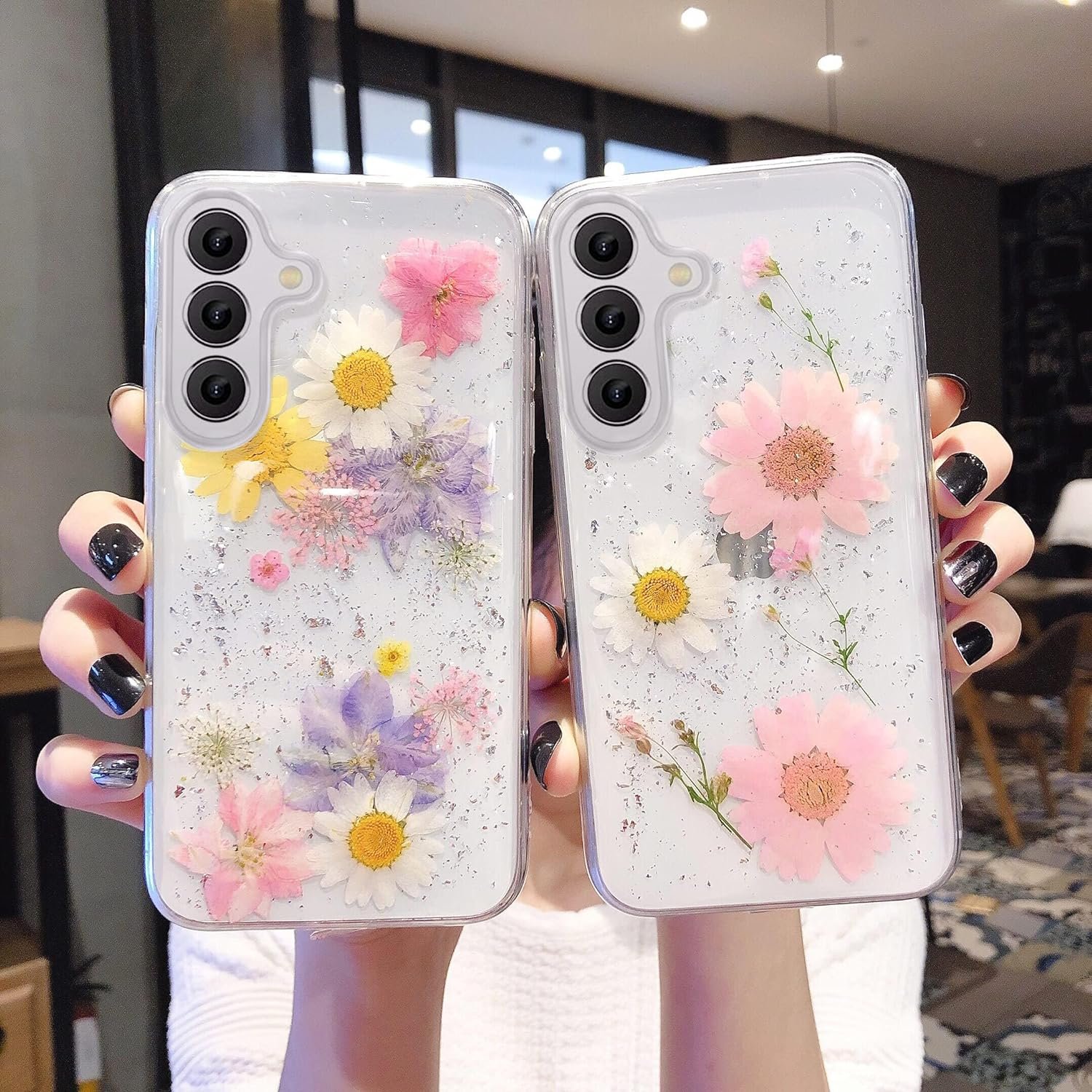 EYZUTAK Case for Samsung Galaxy A14 5G, Bling Glitter Sequin Handmade Real Dried Flower Leaf Clear Aesthetic Case Embedded Pressed Floral Soft Rubber Gel TPU Protective Bumper Cover - Blue+Pink - Image 3