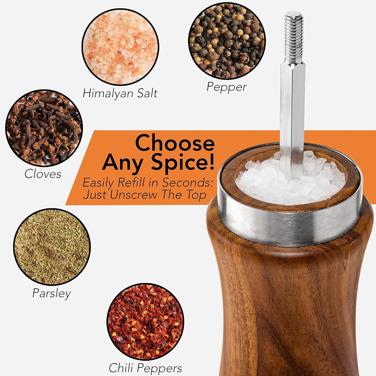 Wooden Salt and Pepper Grinder Set: Refillable Salt & Pepper Mills Adjust for Customized Coarseness, Crafted of Solid Acacia Wood with Ceramic/Stainless Steel Core, 8 Inches Each - Image 5