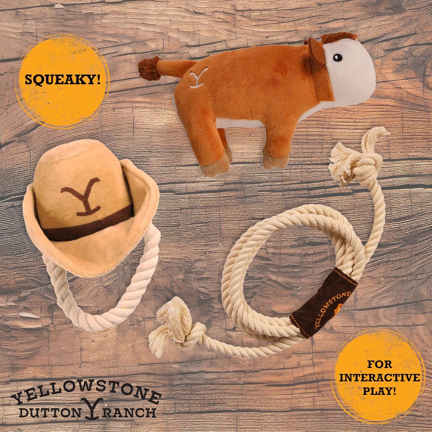 Official Yellowstone Merchandise | Indoor Dog Toy Bundle Variety Gift Set | Lasso Rope, Plush Squeaky Brown Cow, and Cowboy Hat with Tug Rope - Image 3