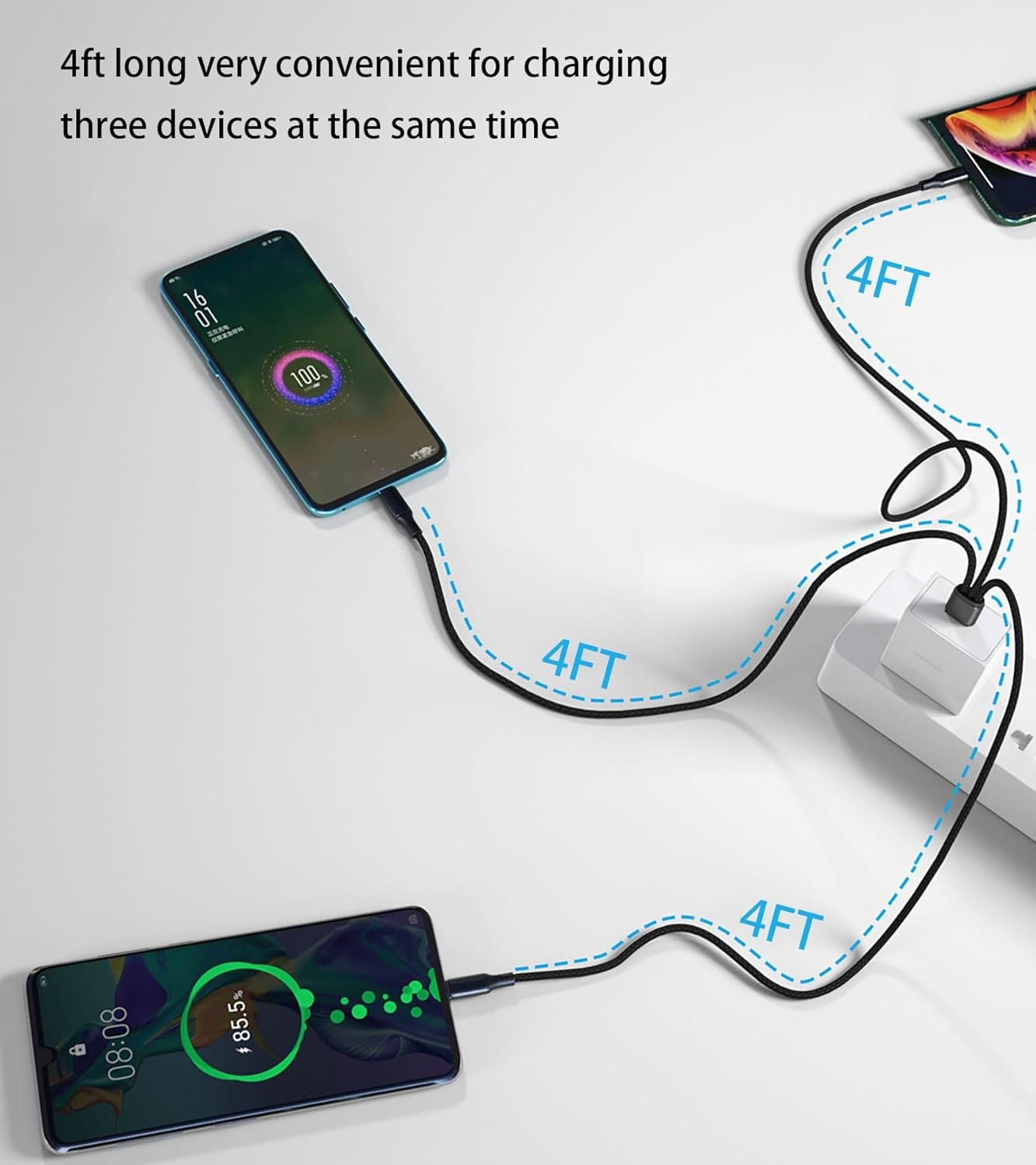 4FT USB A to Multi 3 Type C Splitter Cable,3 in 1 Multi Charging Cable Black Nylon Cord,USB A to 2xUSB C+ Lightnning Port Compatible with Apple i-Phone 15,iPad Pro/Air,Sam-Sung S24,Moto,Google - Image 5