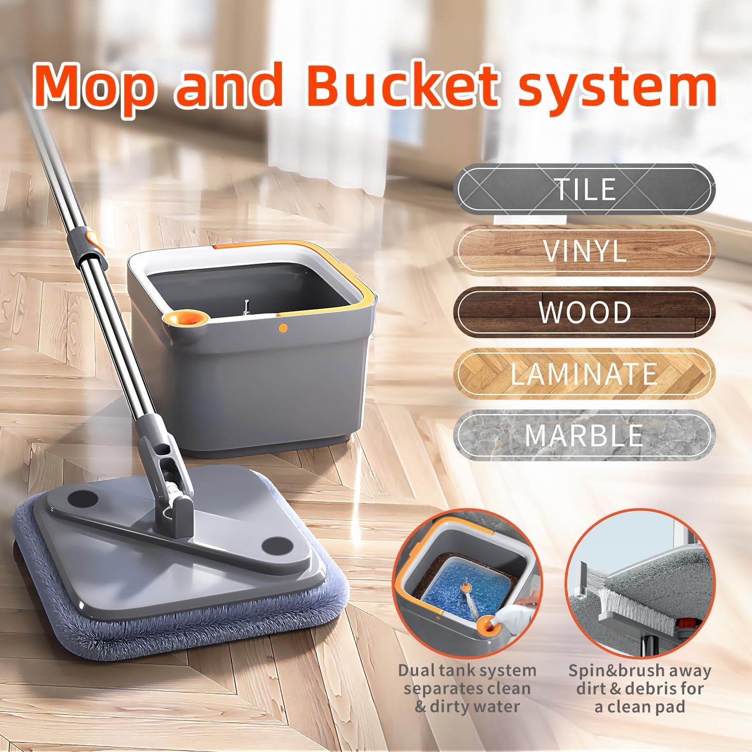Spin Mop and Bucket Set with Self Separation Dirty and Clean Water System, Square Mop Bucket Self Wringing 360° Rotating Clean Floor Mop-Head for Hardwood Tile Marble Floors - Image 3