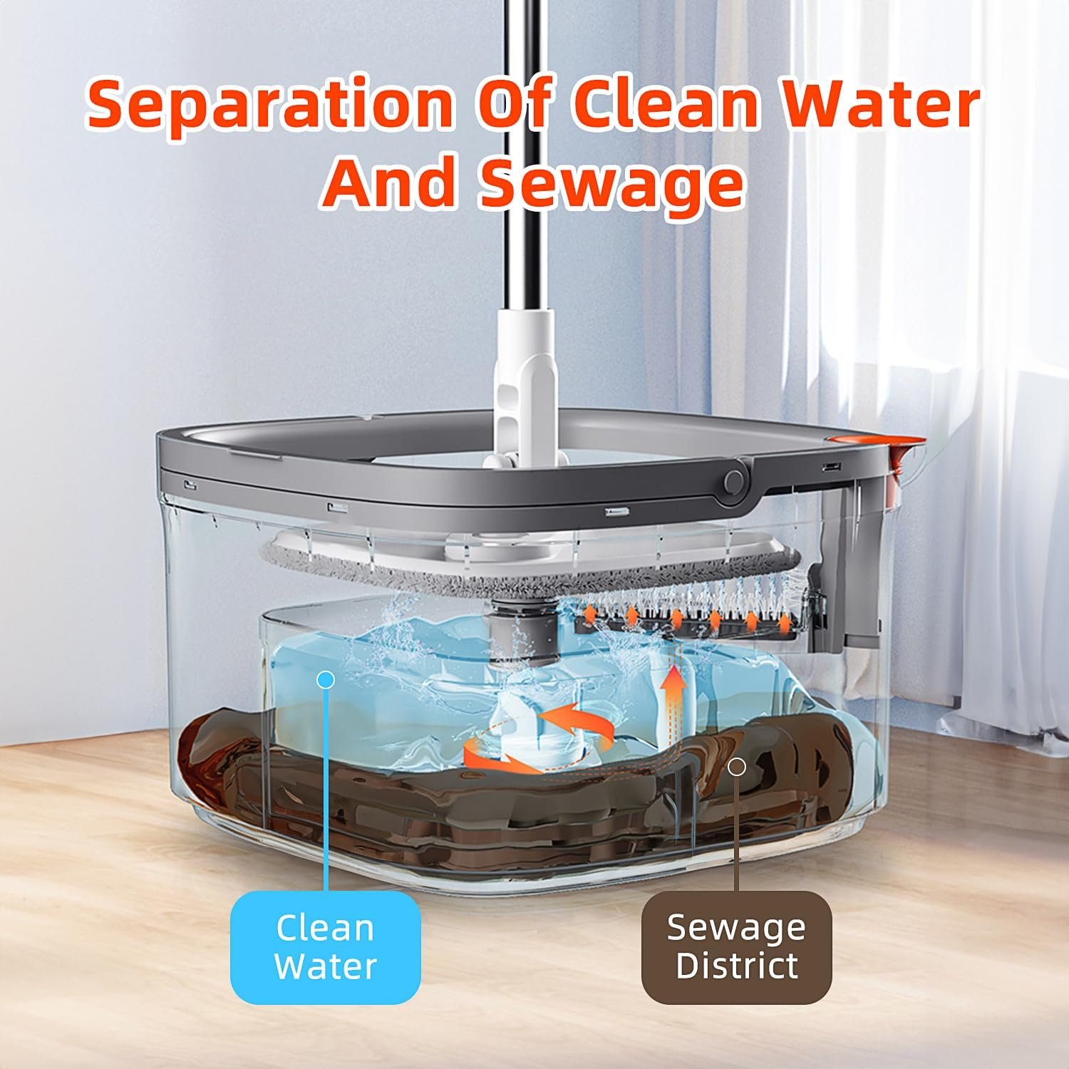 Spin Mop and Bucket Set with Self Separation Dirty and Clean Water System, Square Mop Bucket Self Wringing 360° Rotating Clean Floor Mop-Head for Hardwood Tile Marble Floors - Image 4