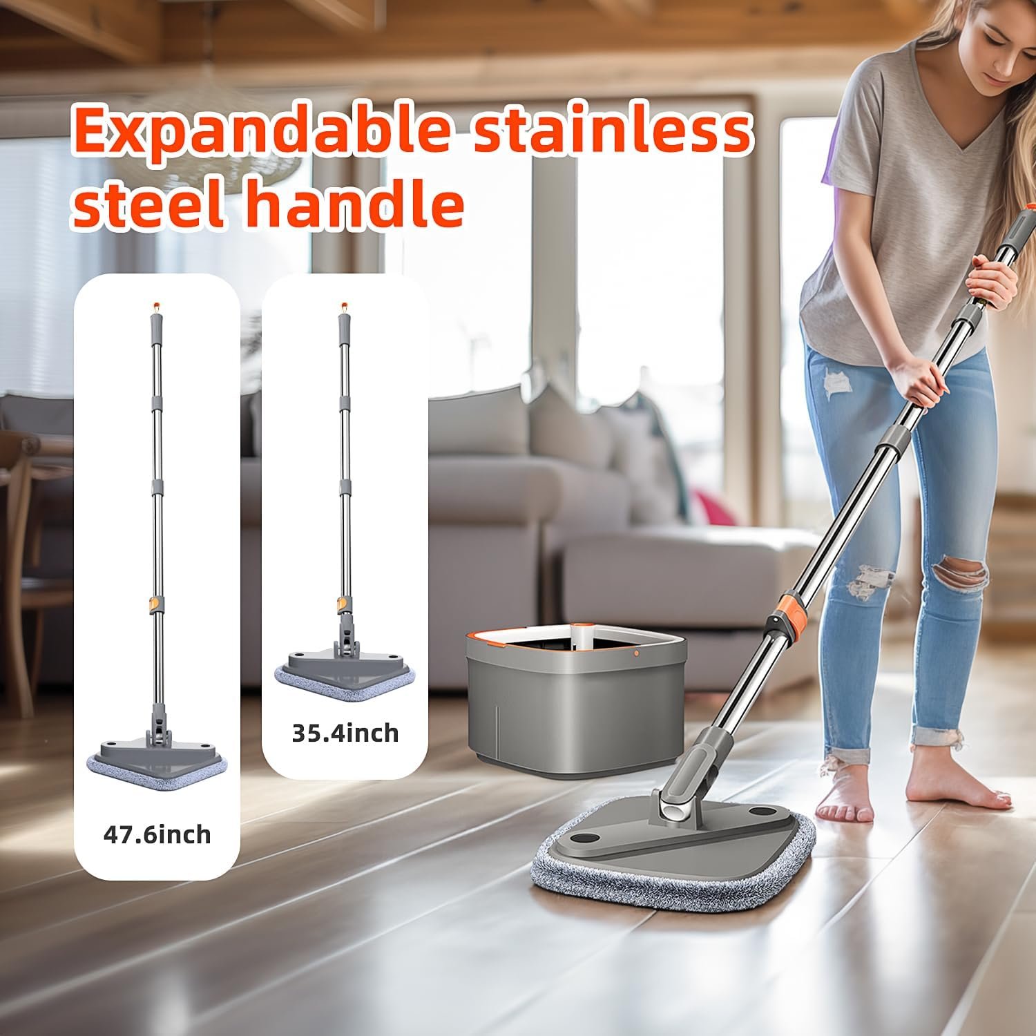 Spin Mop and Bucket Set with Self Separation Dirty and Clean Water System, Square Mop Bucket Self Wringing 360° Rotating Clean Floor Mop-Head for Hardwood Tile Marble Floors - Image 6
