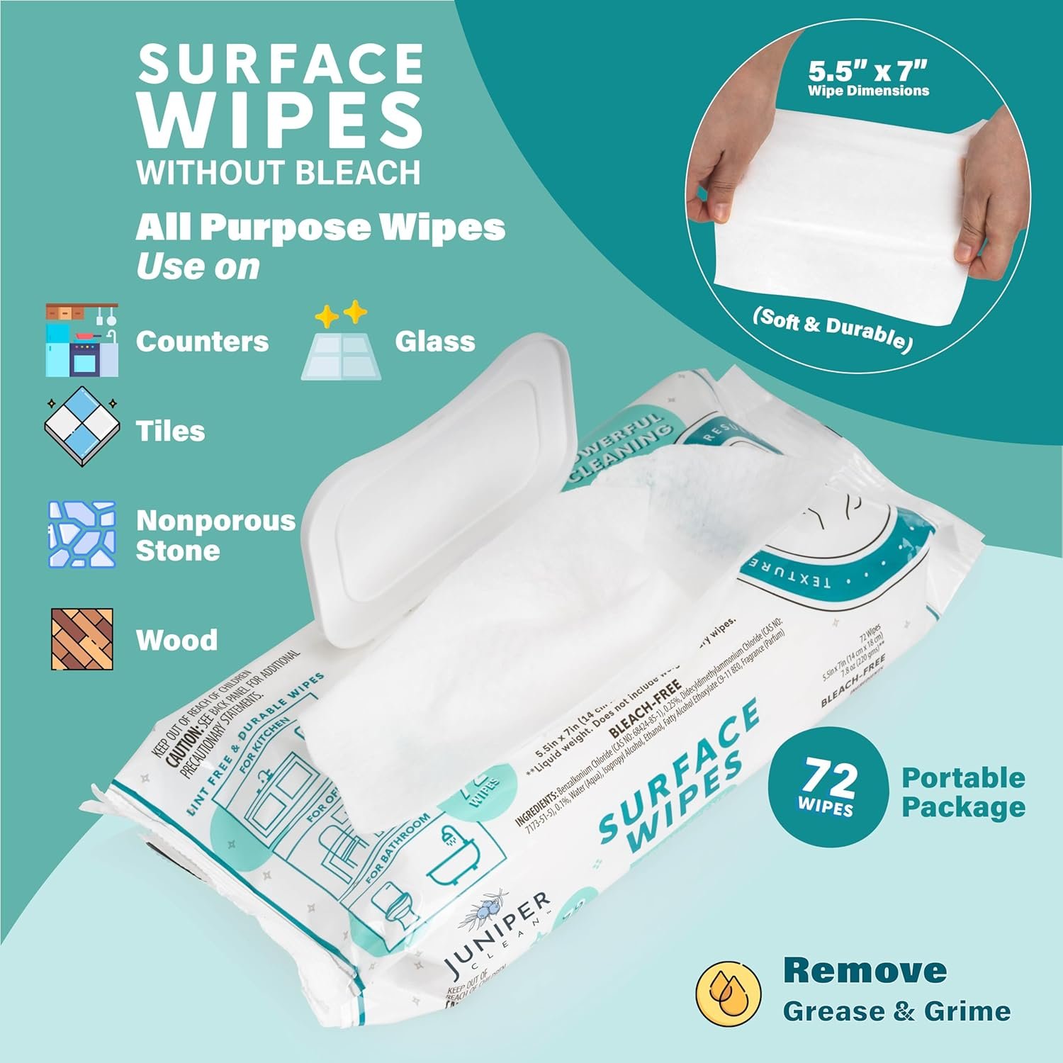 6 Pack Surface Cleaning Wipes Bleach Free, All-Purpose Cleaner for Bathroom, Kitchen, Office, 72 Count Soft Flow, Fresh Scent, Lint Free & Durable - Image 7