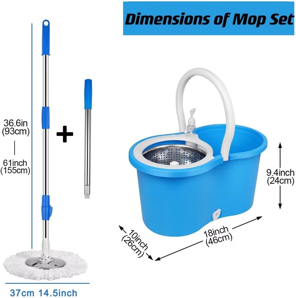 Spin Mop and Bucket with Wringer Set, 360° Mop and Bucket Set for Floor Cleaning, Stainless Steel 61" Adjustable Extended Handle with 3 Microfiber Mop Refills, Blue - Image 3
