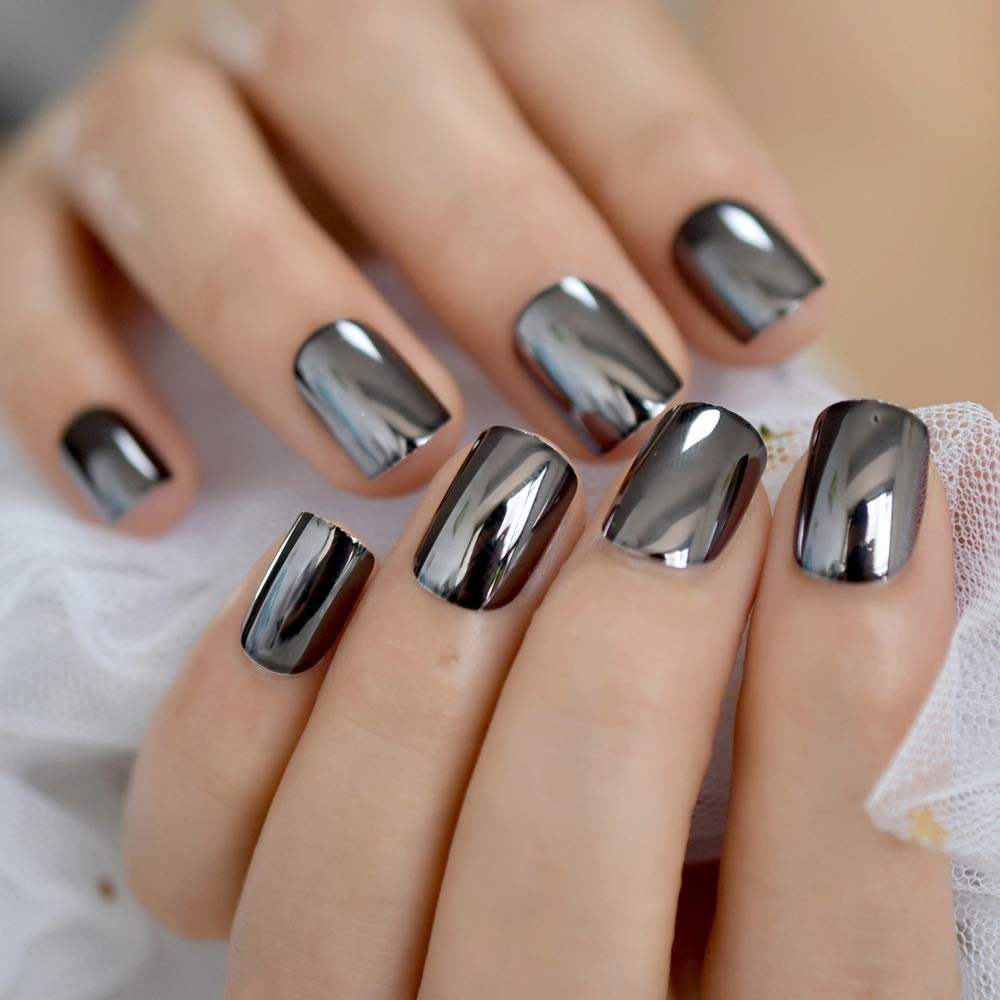 Coolnail Dark Smoky Gray Reflective Mirror Metal Plating False French Acrylic Nail Tips Punk Metallic Square Fake Nails With Glue Sticker - Image 4